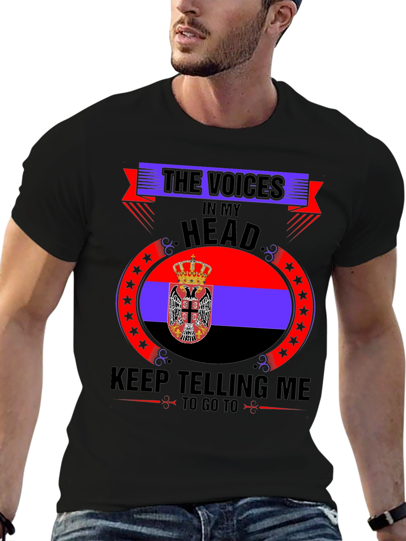 Black Serbia Flag T-Shirt - Voices In My Head view 6