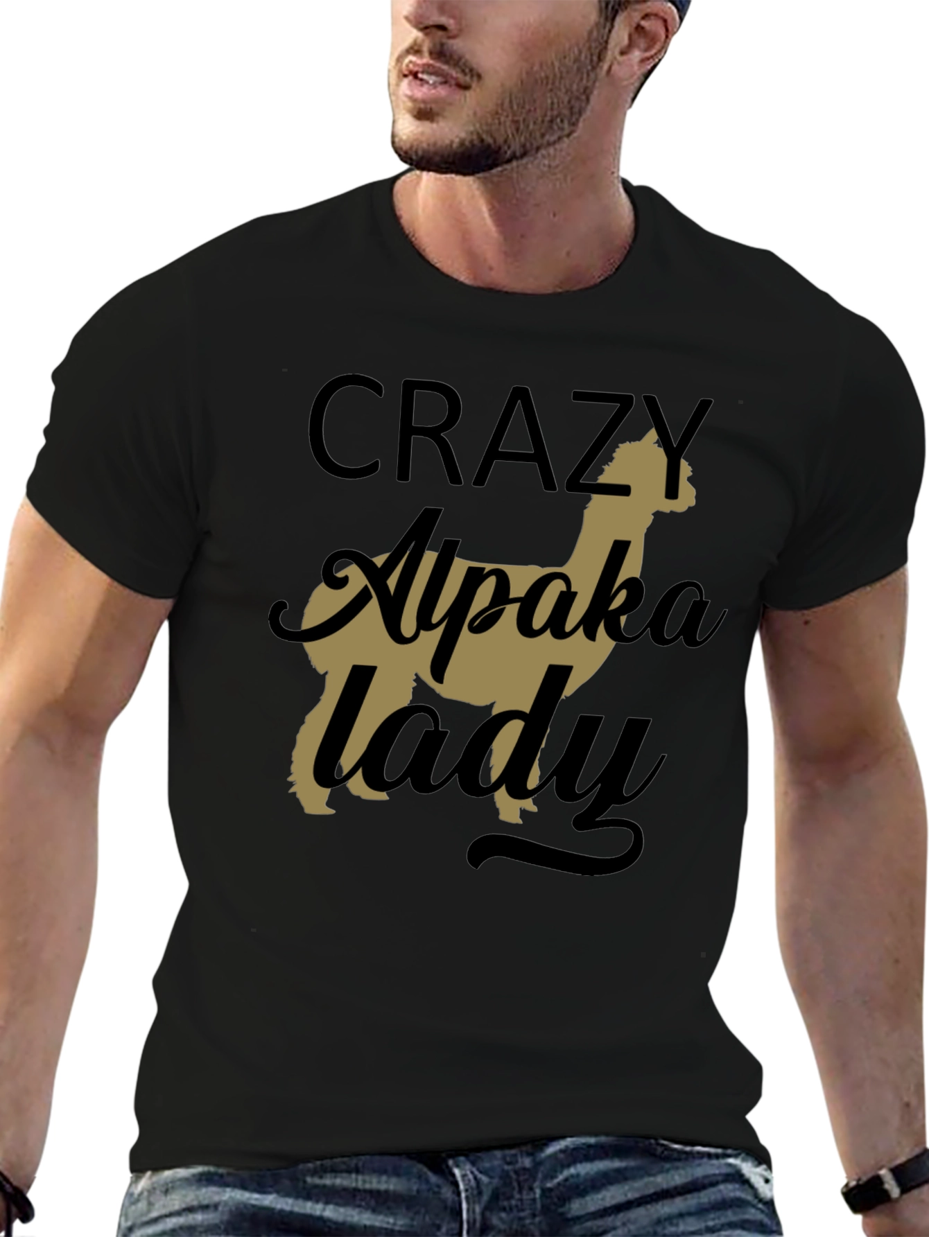 Black Crazy Alpaca Lady T-Shirt - Novelty Graphic Tee view 6