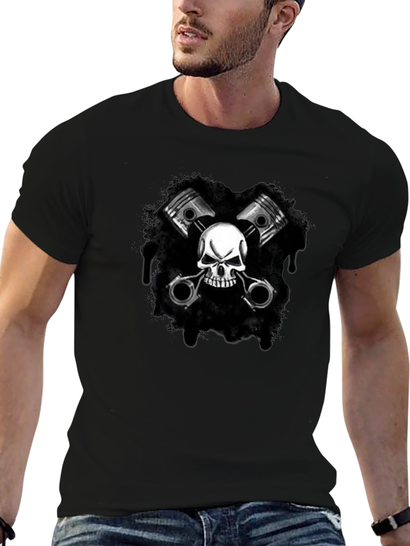 Black Skull & Pistons Graphic Black T-Shirt view 6