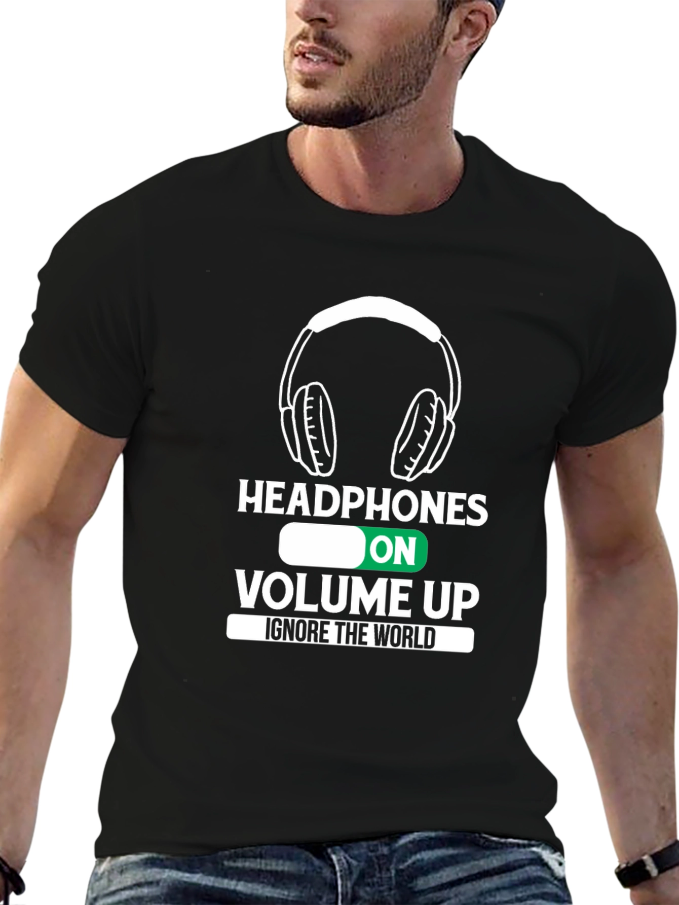 Black Headphones On Volume Up Black T-Shirt view 6