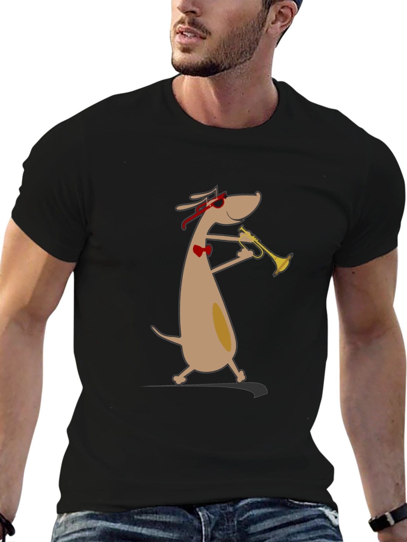 Black Cool Dog Trumpet Player Graphic Tee - Black Cotton Shirt view 6