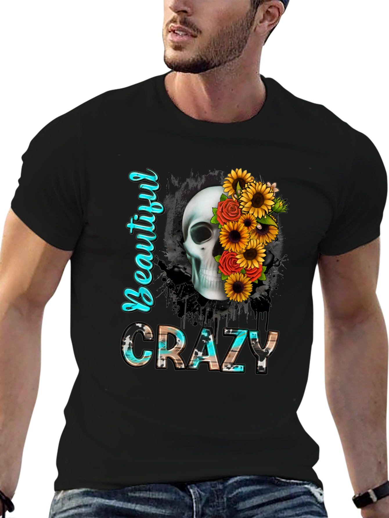 Black Beautiful Crazy Skull & Flowers Graphic Tee view 6