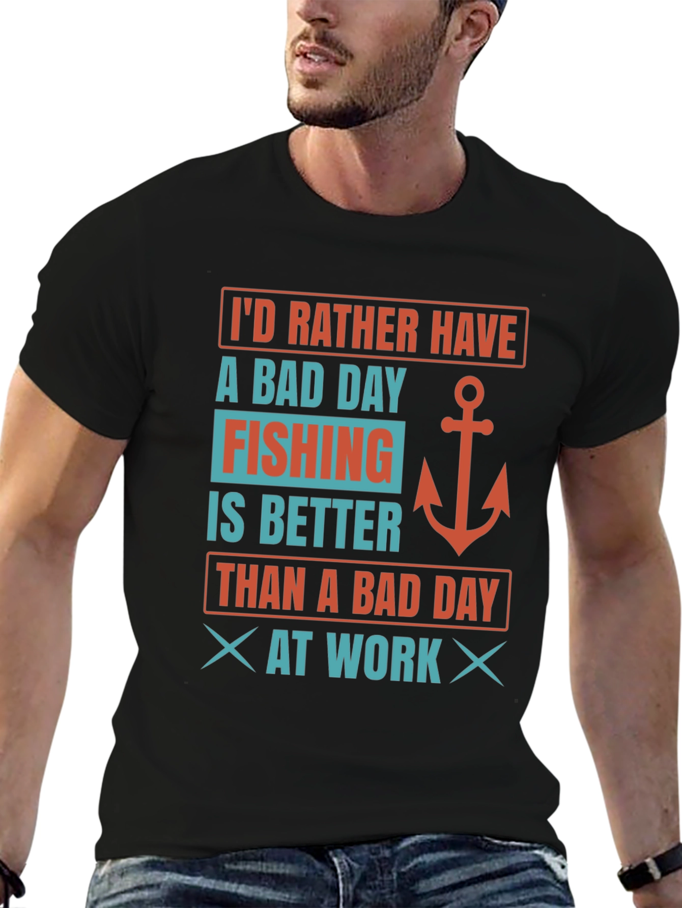 Black Fishing Lover's T-Shirt: Bad Day Fishing Better Than Work view 6