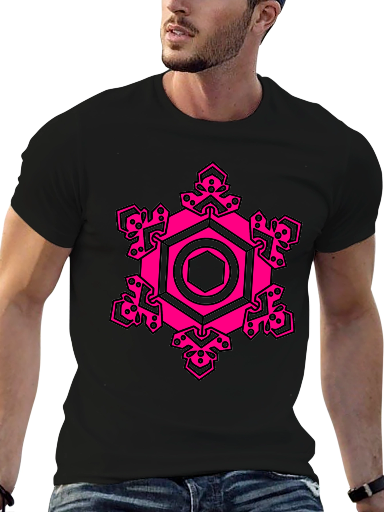Black Geometric Pink Hexagon Graphic T-Shirt view 6