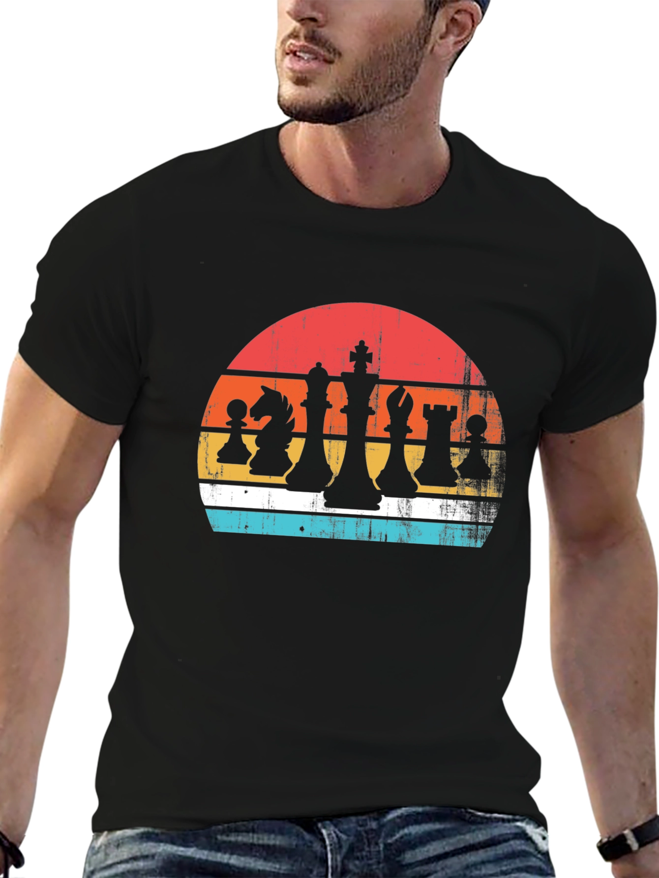 Black Retro Chess Piece Sunset Graphic Tee - Classic Board Game Style view 6