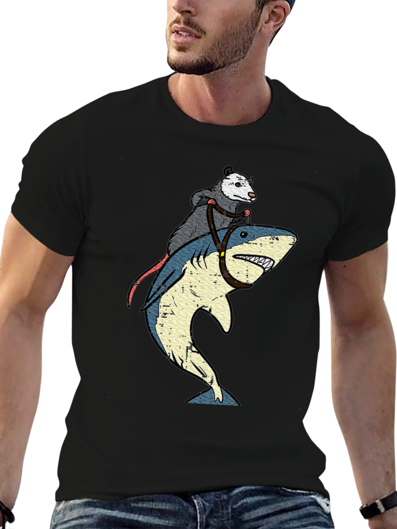 Black Opossum Riding Shark Graphic T-Shirt view 6