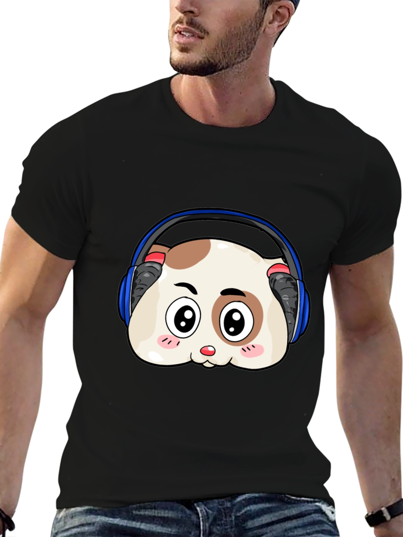 Black Cute Animal Headphone T-Shirt view 6