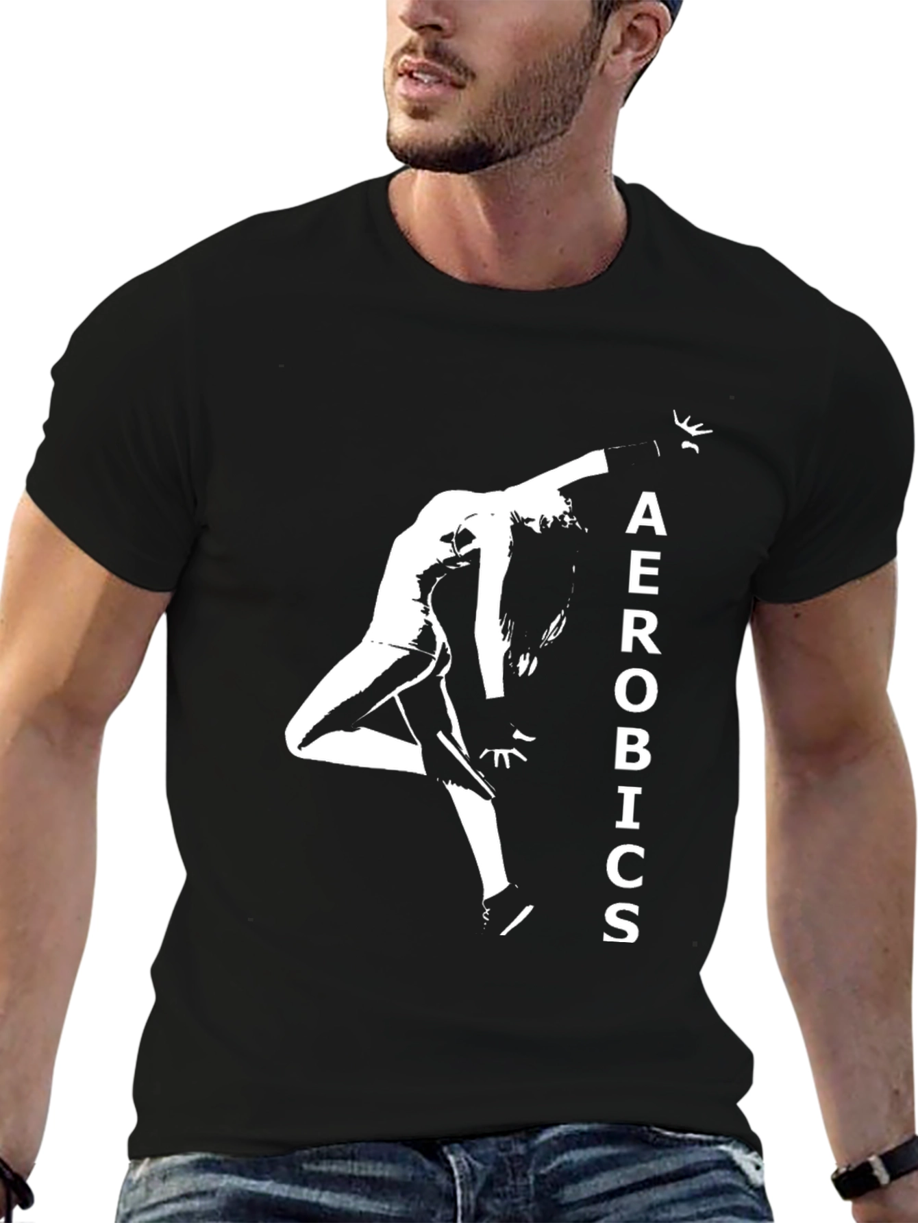 Black Aerobics Graphic Tee - Black Cotton T-Shirt view 6