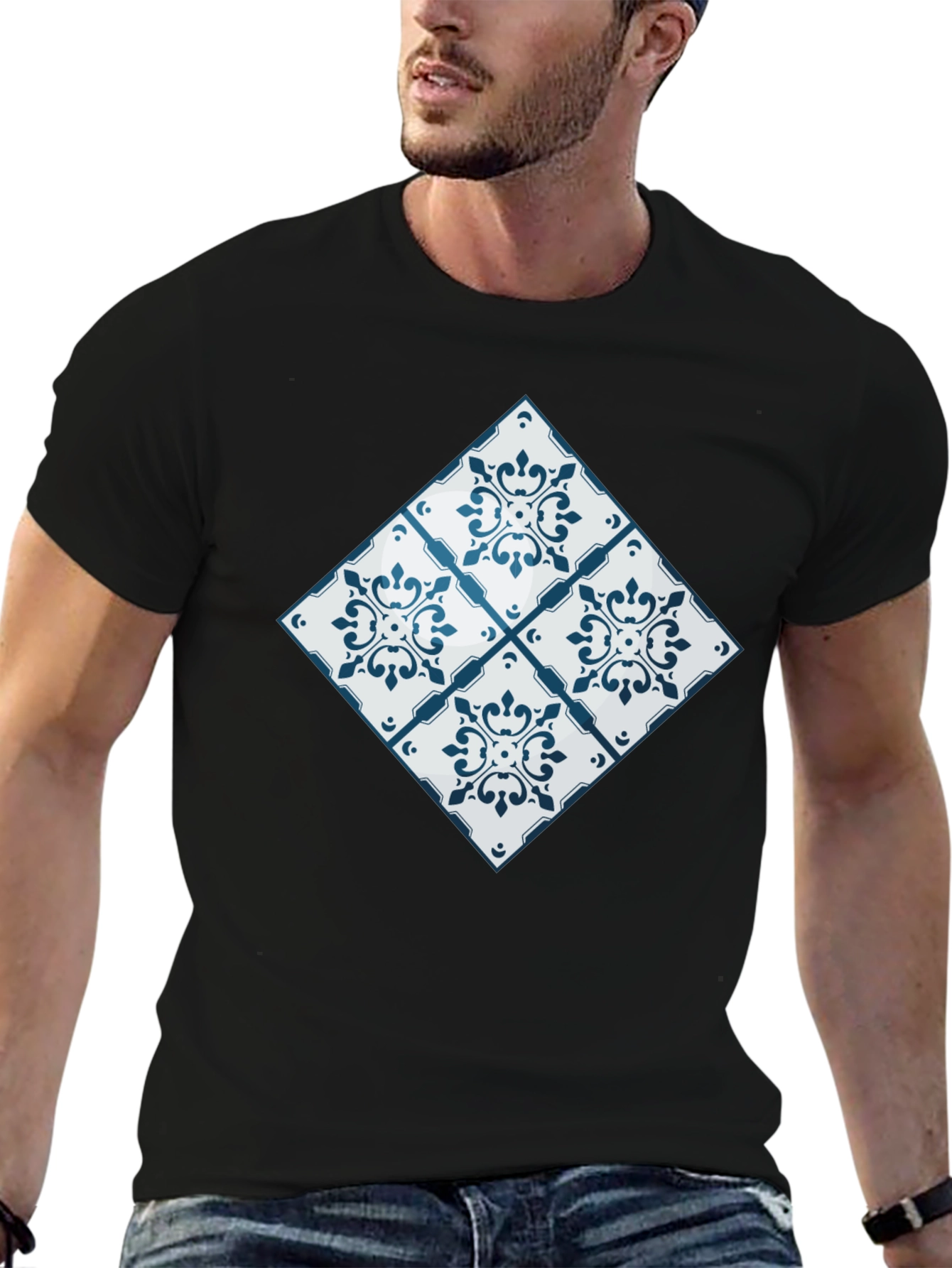Black Azulejo Tile Pattern Black T-Shirt view 6