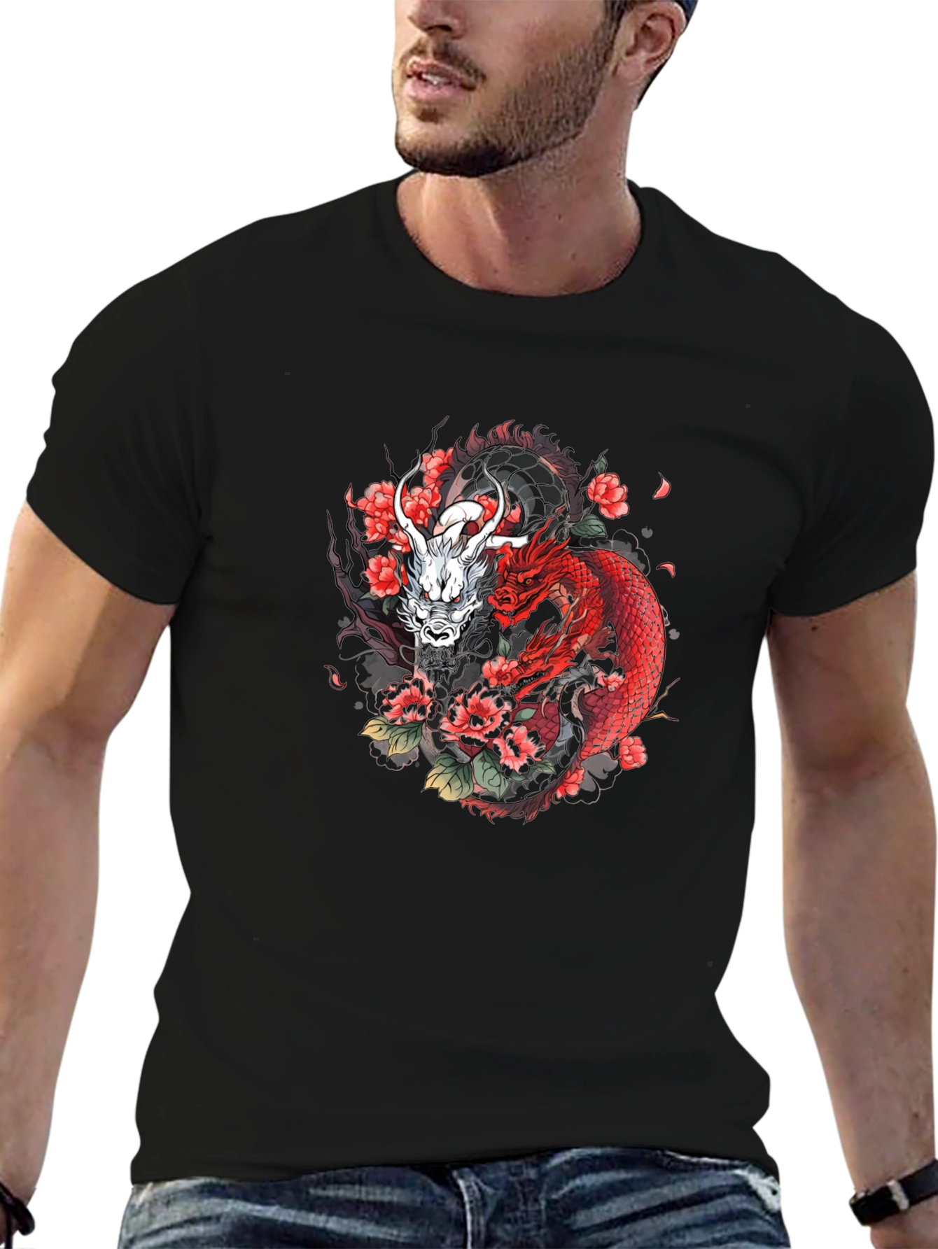 Black Dragon & Floral Graphic Tee - Black view 6