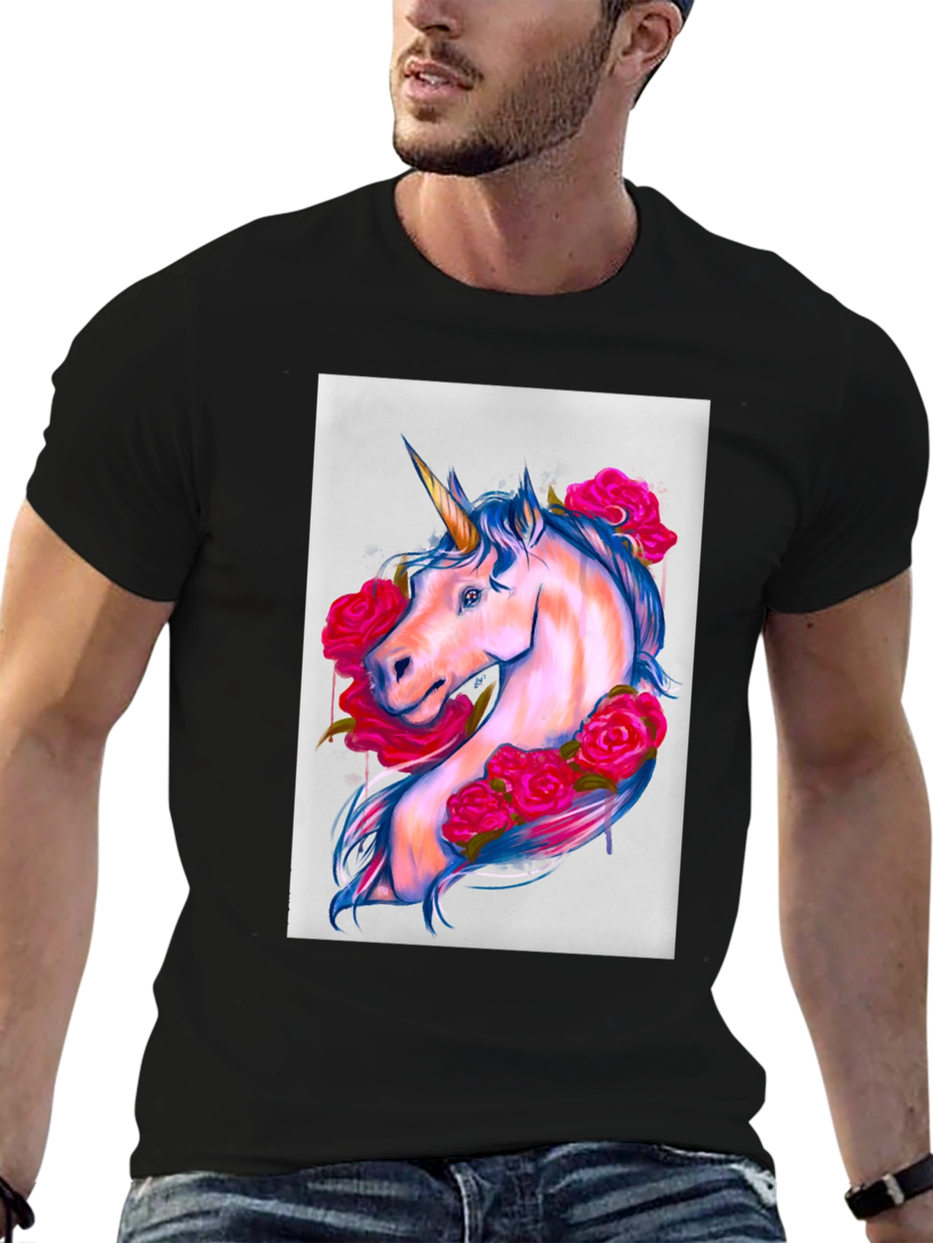 Black Unicorn Floral Graphic Tee - Trendy Print view 6