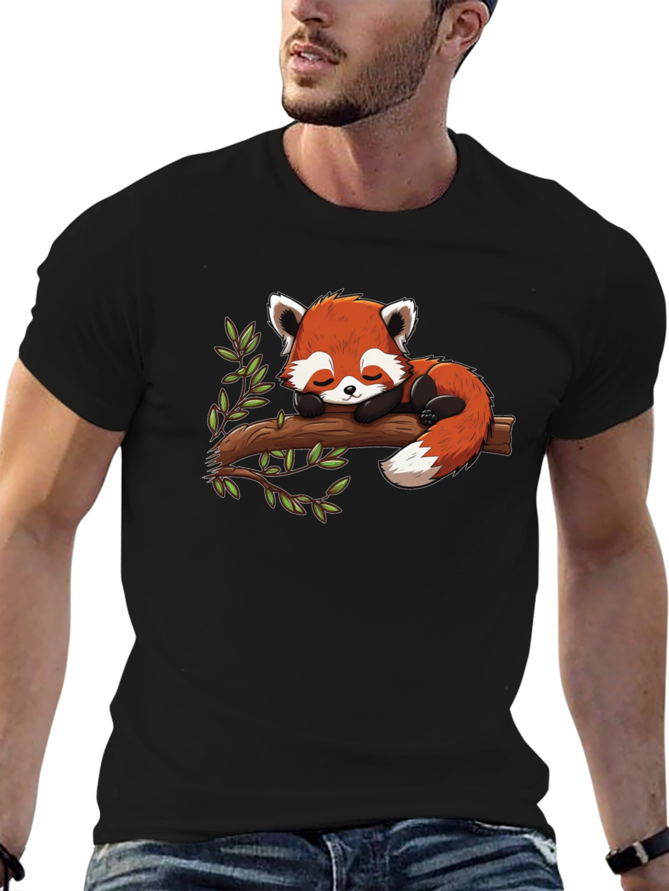 Black Cute Red Panda Napping on Branch Graphic Tee view 6