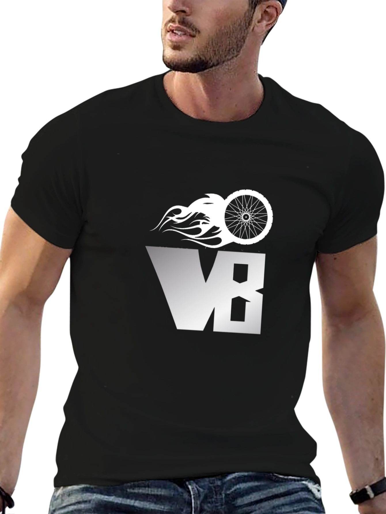 Black Men's Black V8 Bike Wheel Graphic T-Shirt view 6