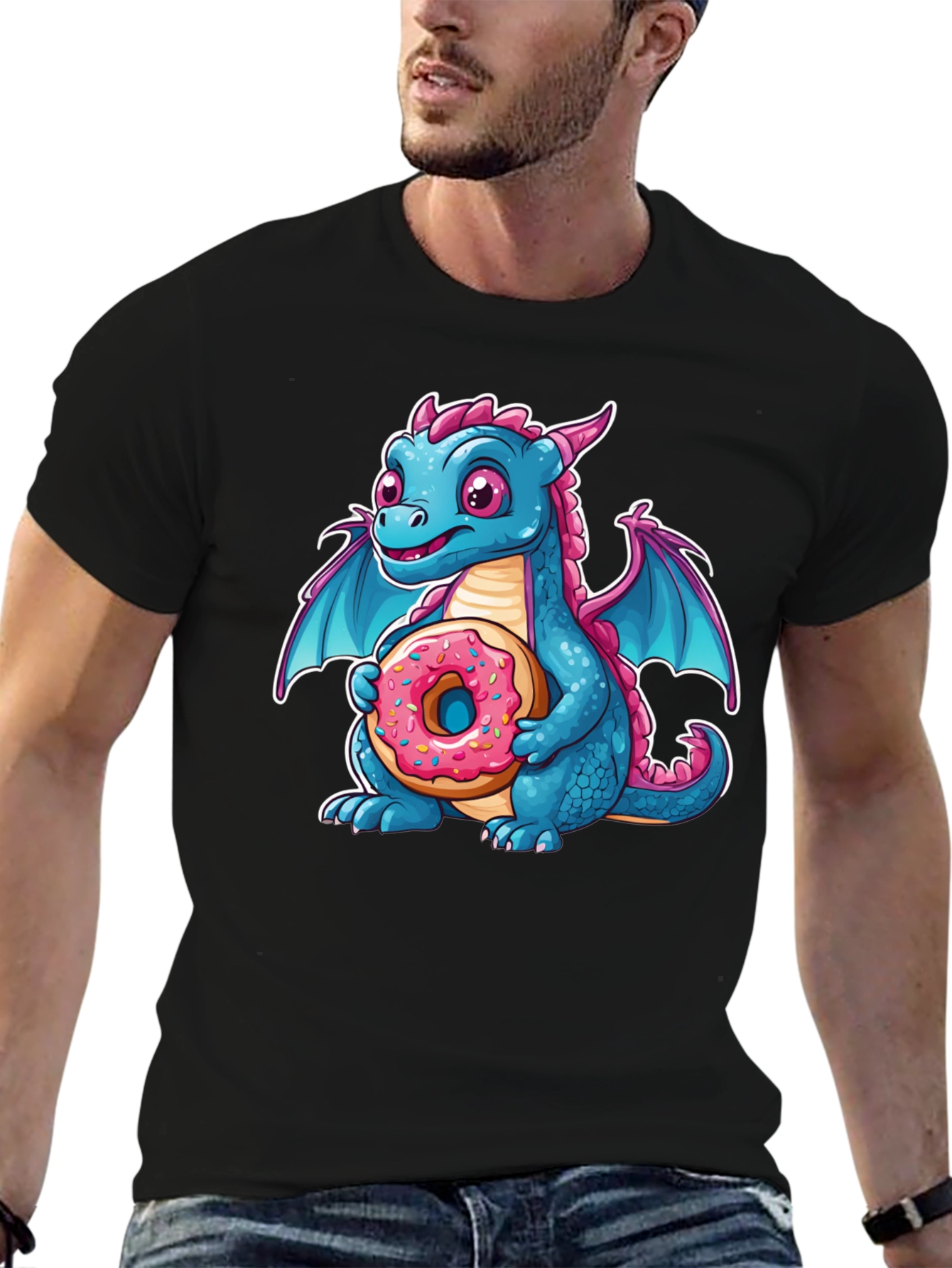 Black Cute Dragon Donut T-Shirt - Cartoon Graphic Tee view 6