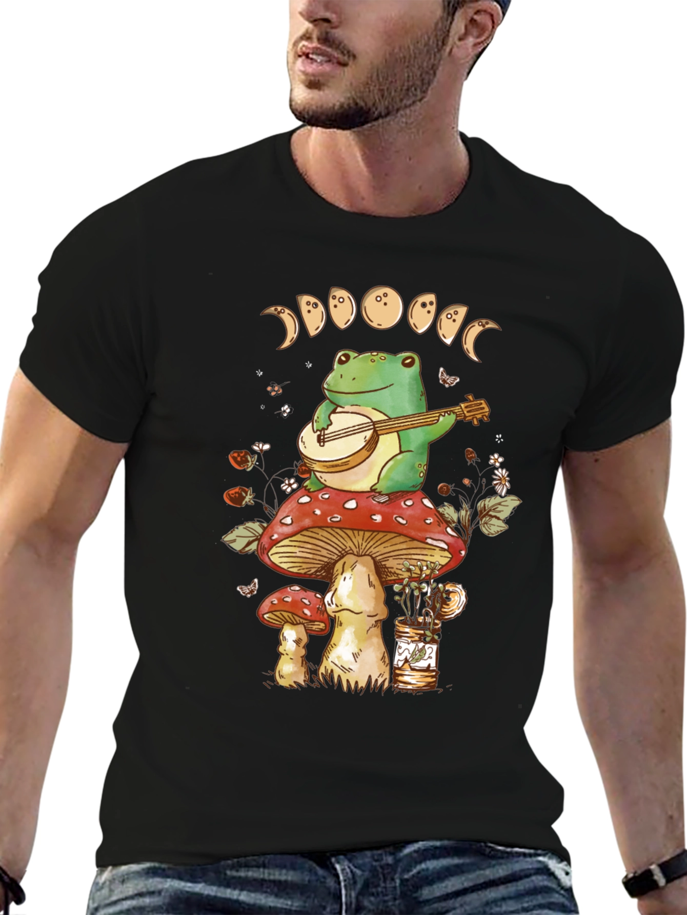 Black Frog Banjo Mushroom T-Shirt - Moon Phases view 6