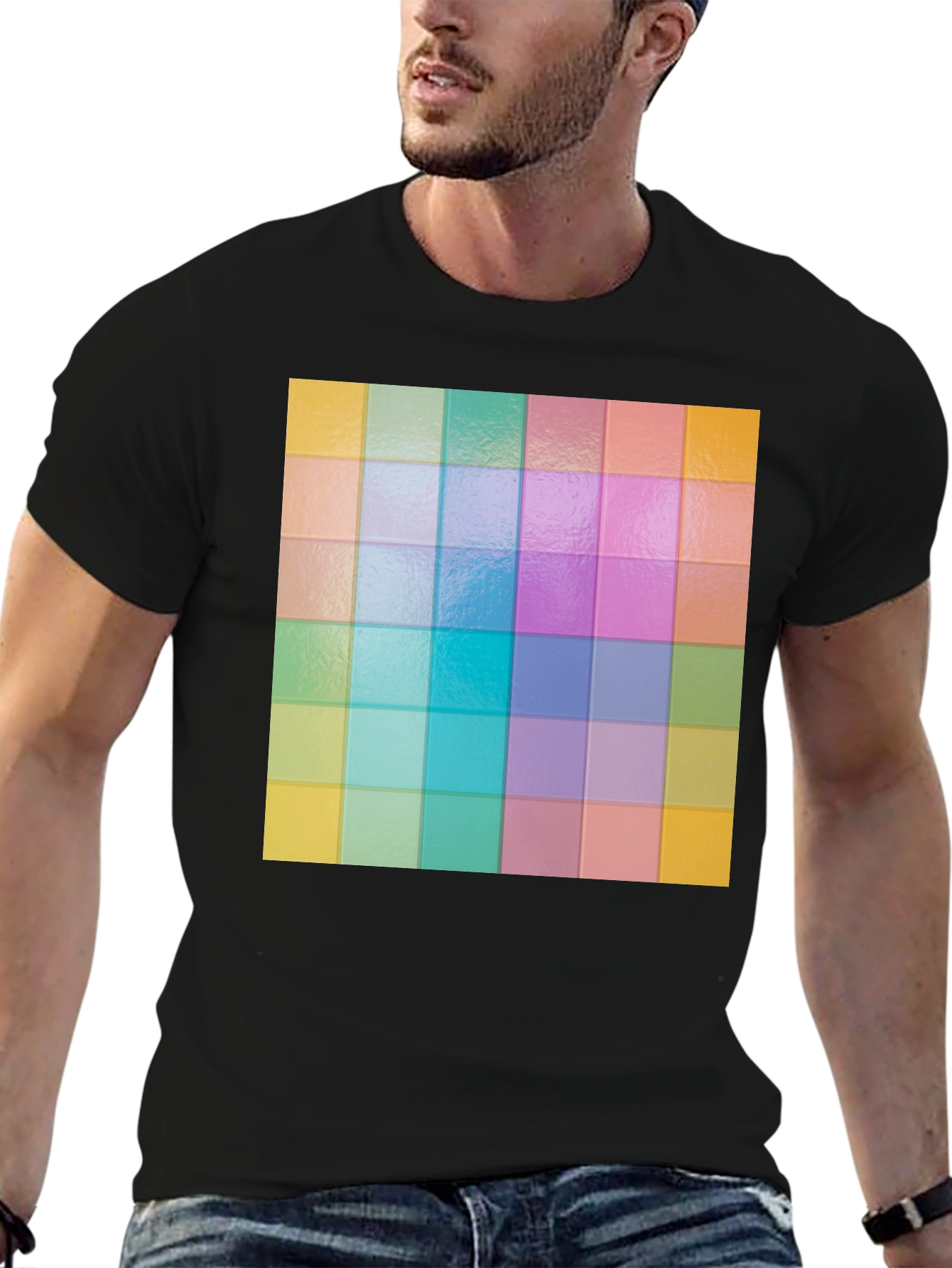 Black Colorful Grid Pattern Graphic Tee - Stylish Casual Wear view 6