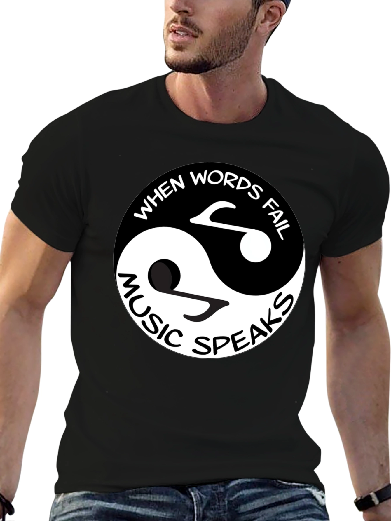 Black Yin Yang Music Speaks Graphic Tee - Black Cotton view 6