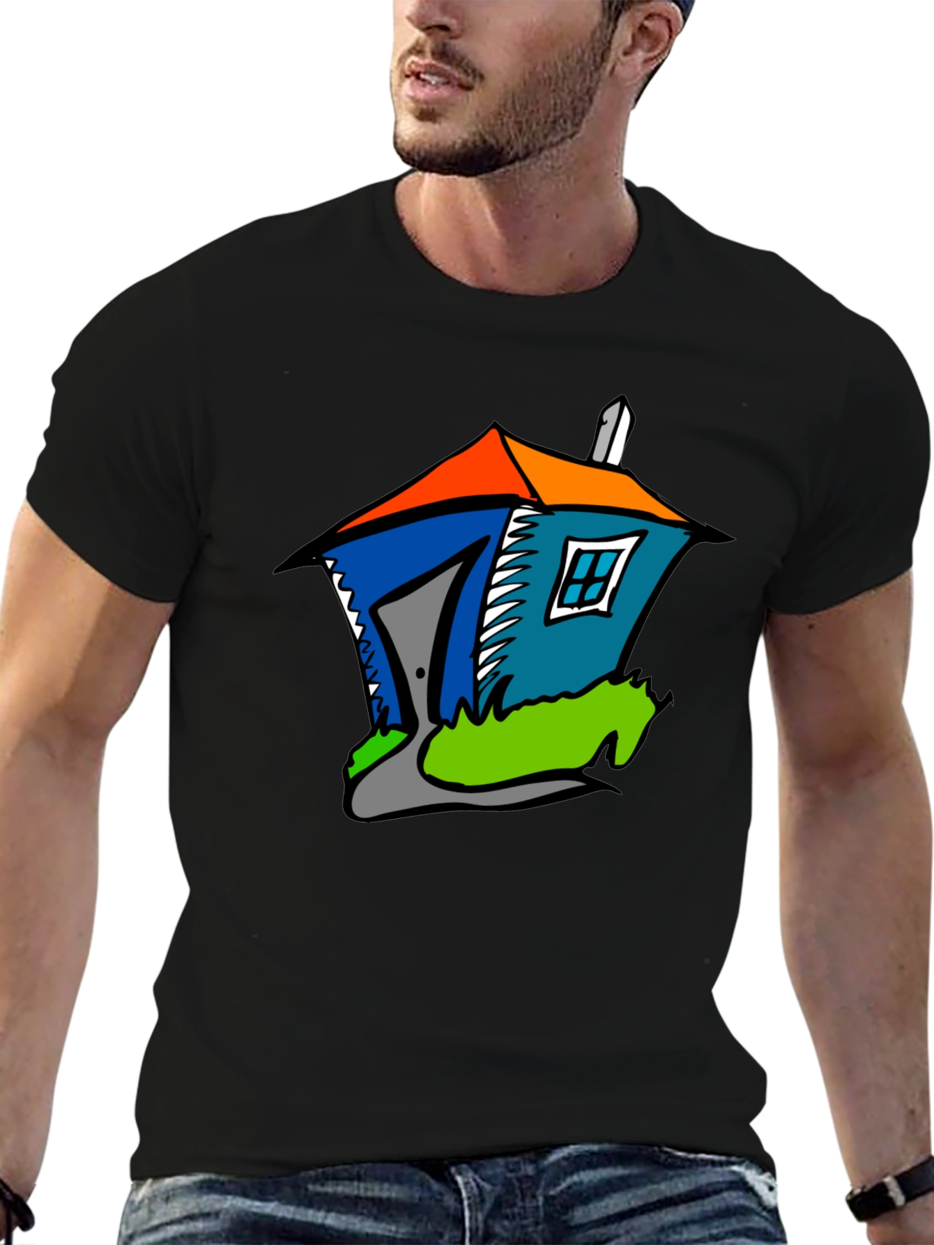 Black Cartoon House Graphic T-Shirt - Quirky Fun Style view 6
