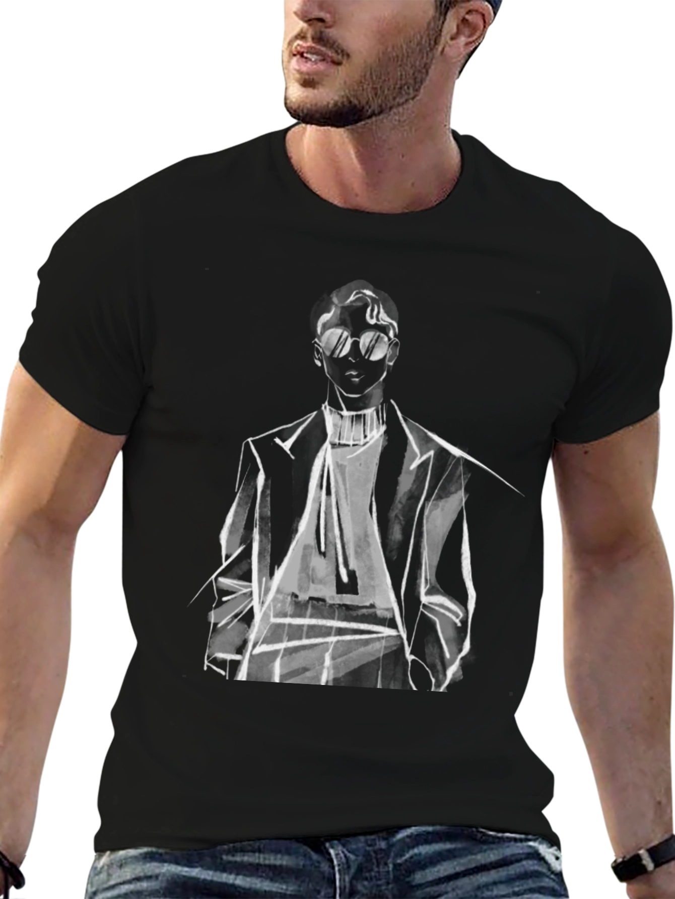 Black Stylish Man Sketch Tee - Black Graphic T-Shirt view 6