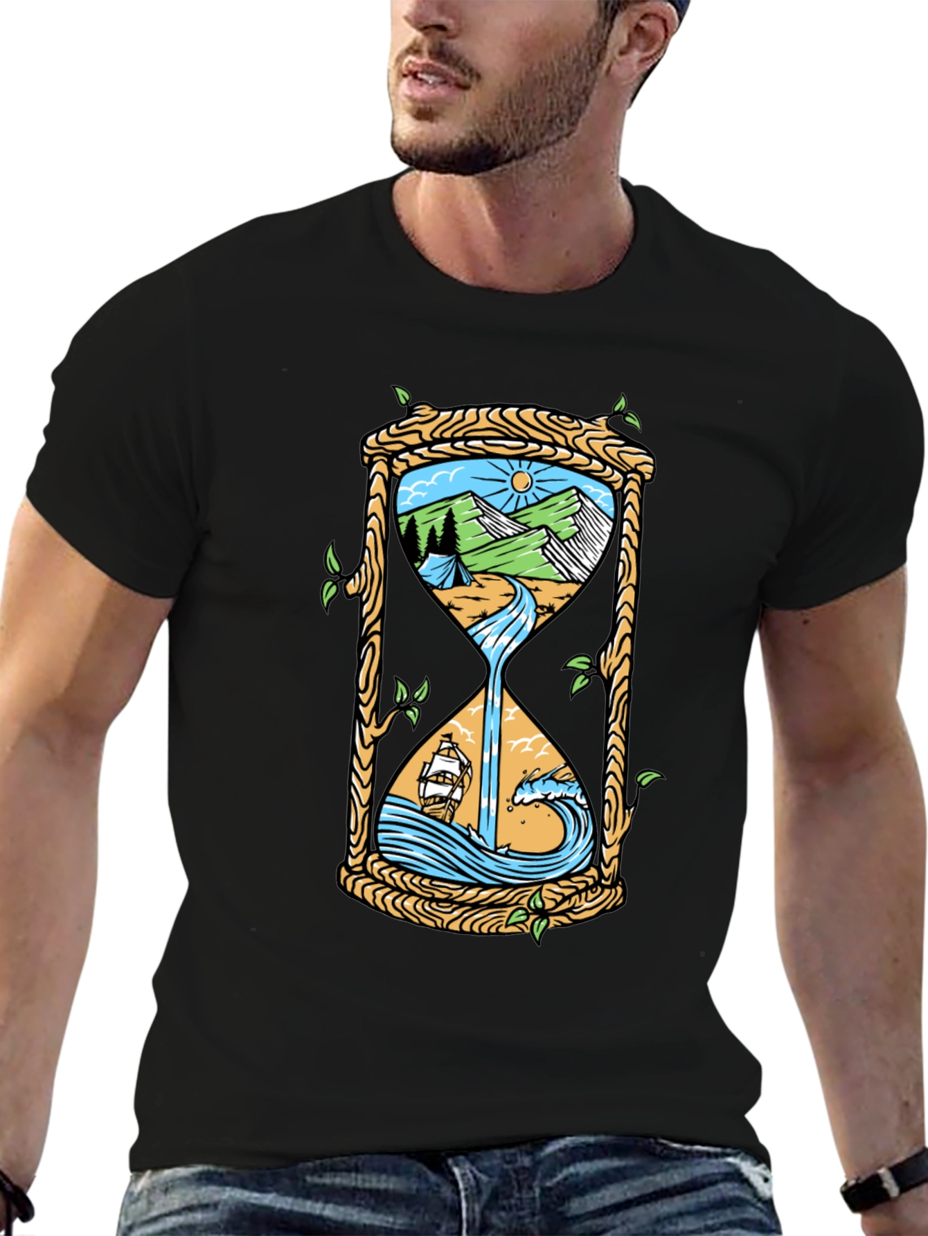 Black Nature Hourglass Graphic Tee - Unique Time Design Shirt view 6