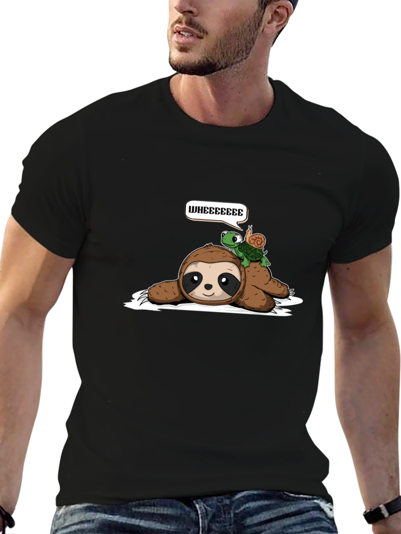 Black Sloth, Turtle, Snail 'Wheee' Graphic T-Shirt view 6