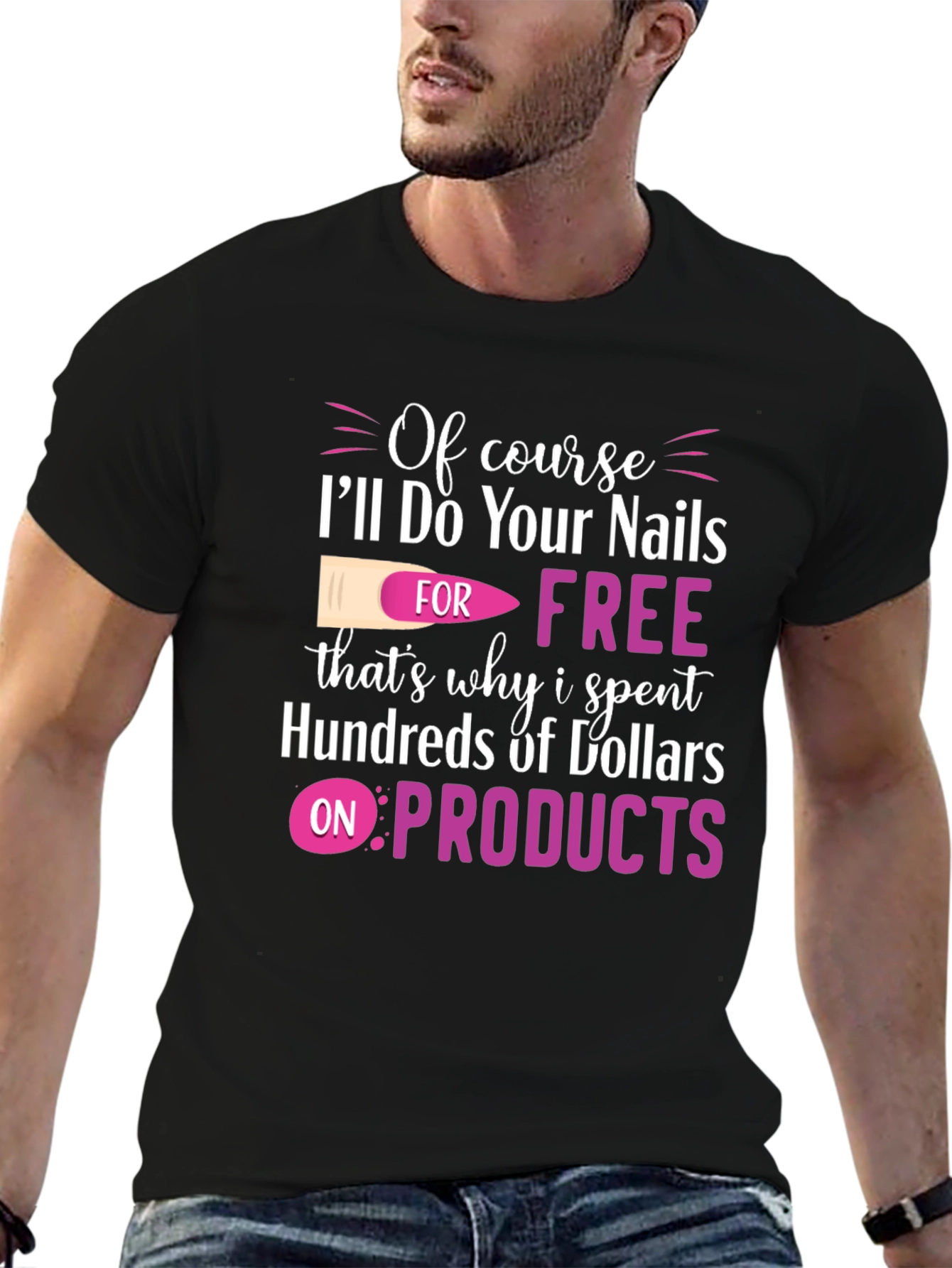 Black Funny Nail Technician T-Shirt - Free Nails view 6