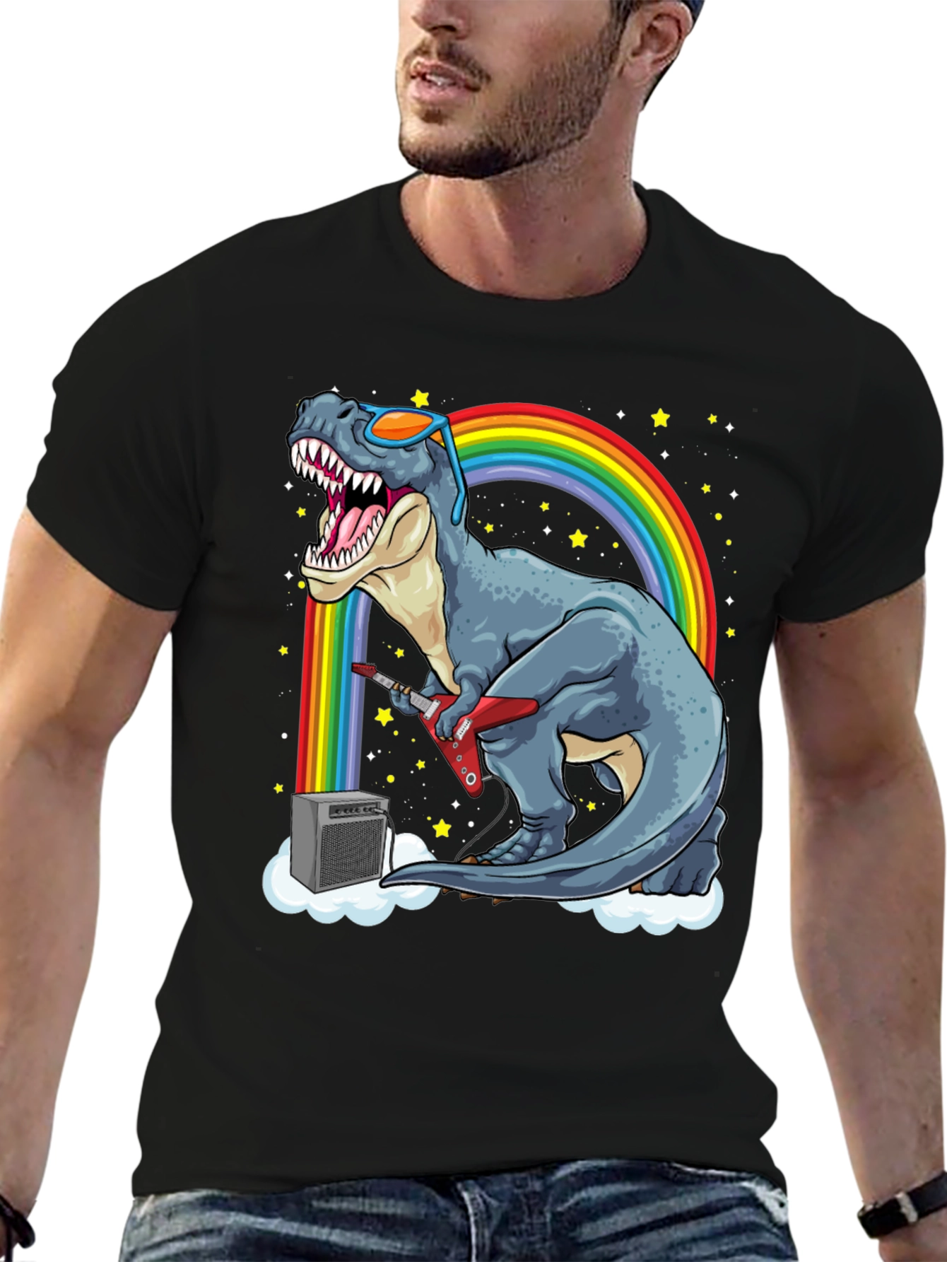 Black Dino Guitarist T-Shirt - Rock 'n' Roll Dinosaur! view 6