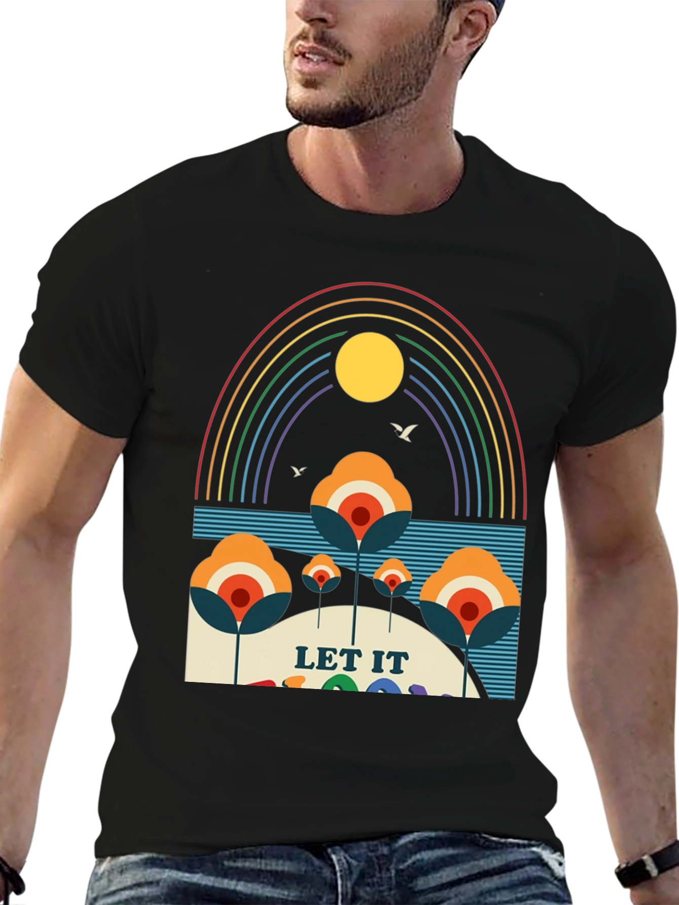 Black Retro "Let It Be" Rainbow Graphic Tee view 6