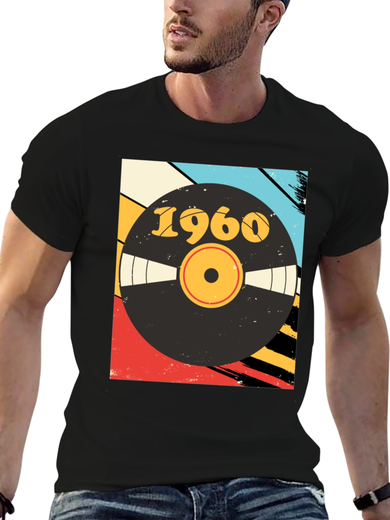 Black Retro 1960 Vinyl Record Graphic T-Shirt view 6