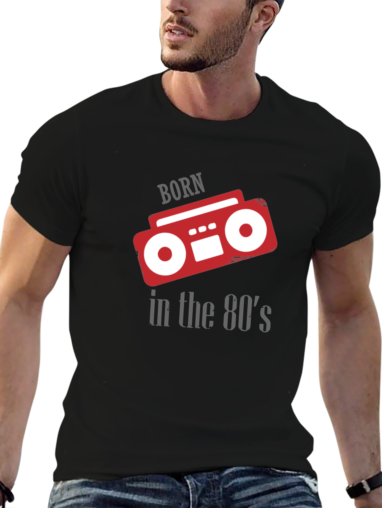 Black Born in the 80's Retro Boombox Graphic T-Shirt view 6