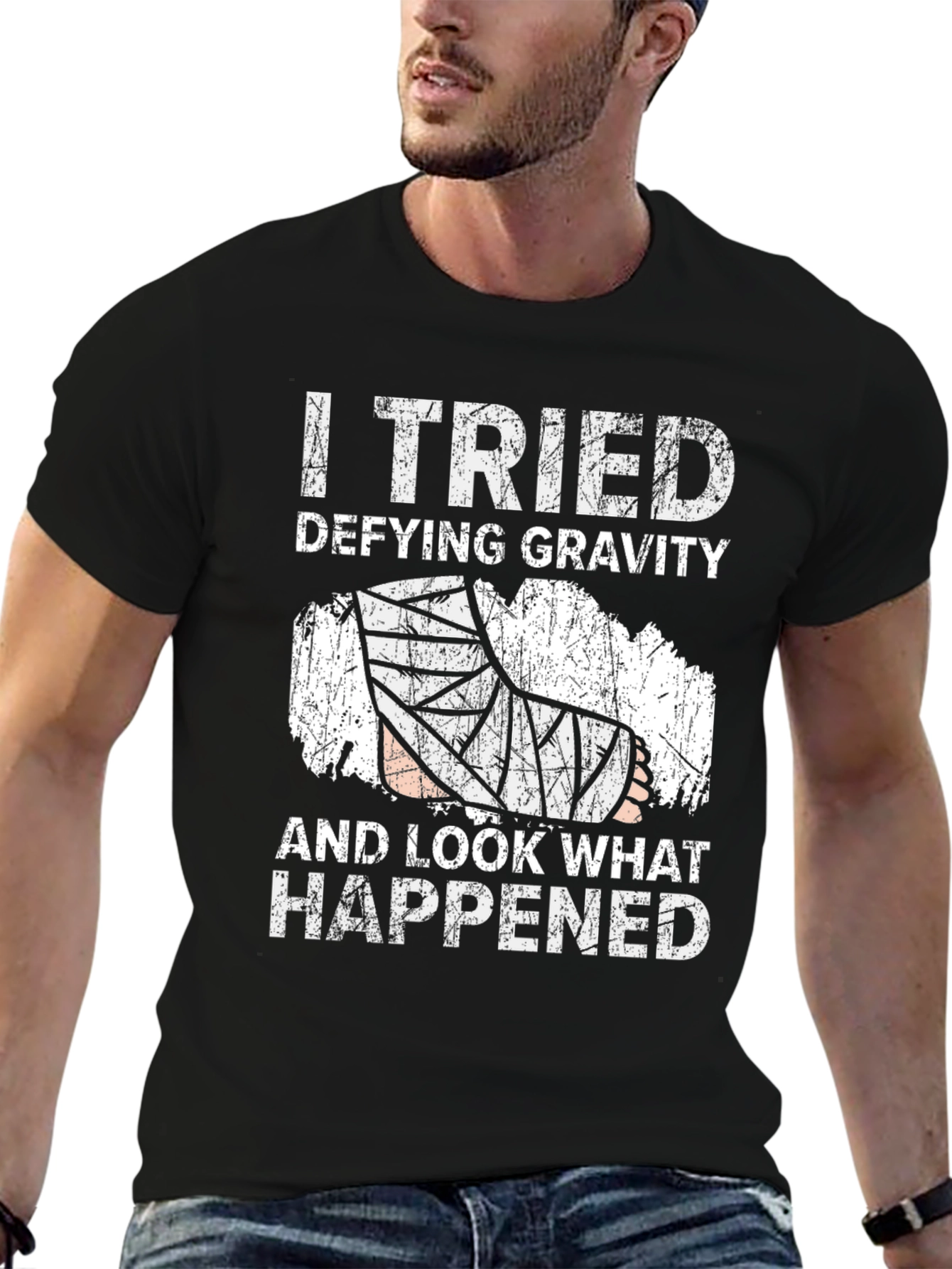 Black Defying Gravity Humor Tee - Broken Leg Joke Shirt view 6