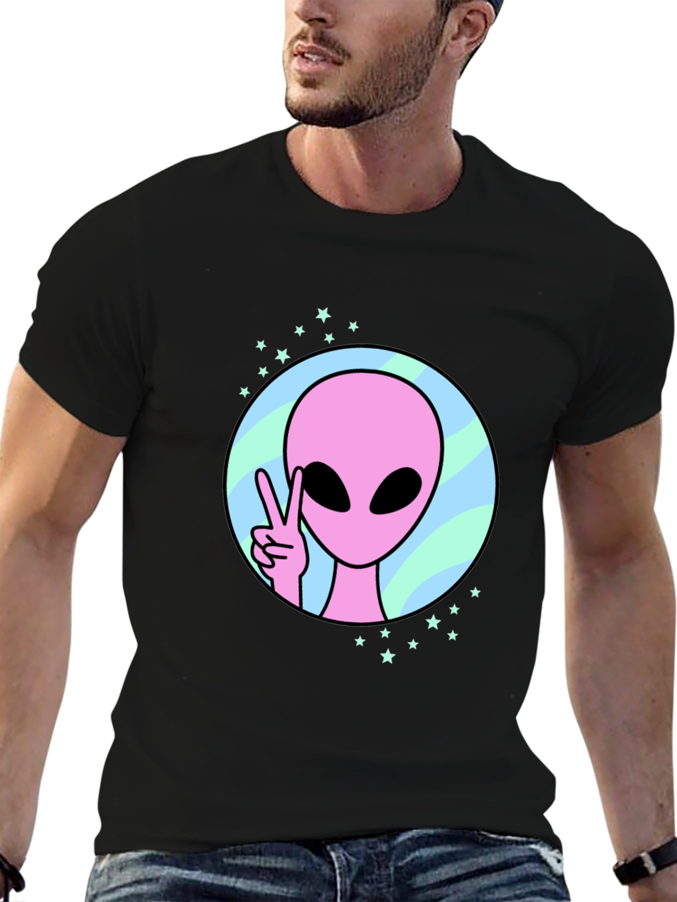 Black Peace Alien Graphic Tee - Black Cotton Shirt view 6