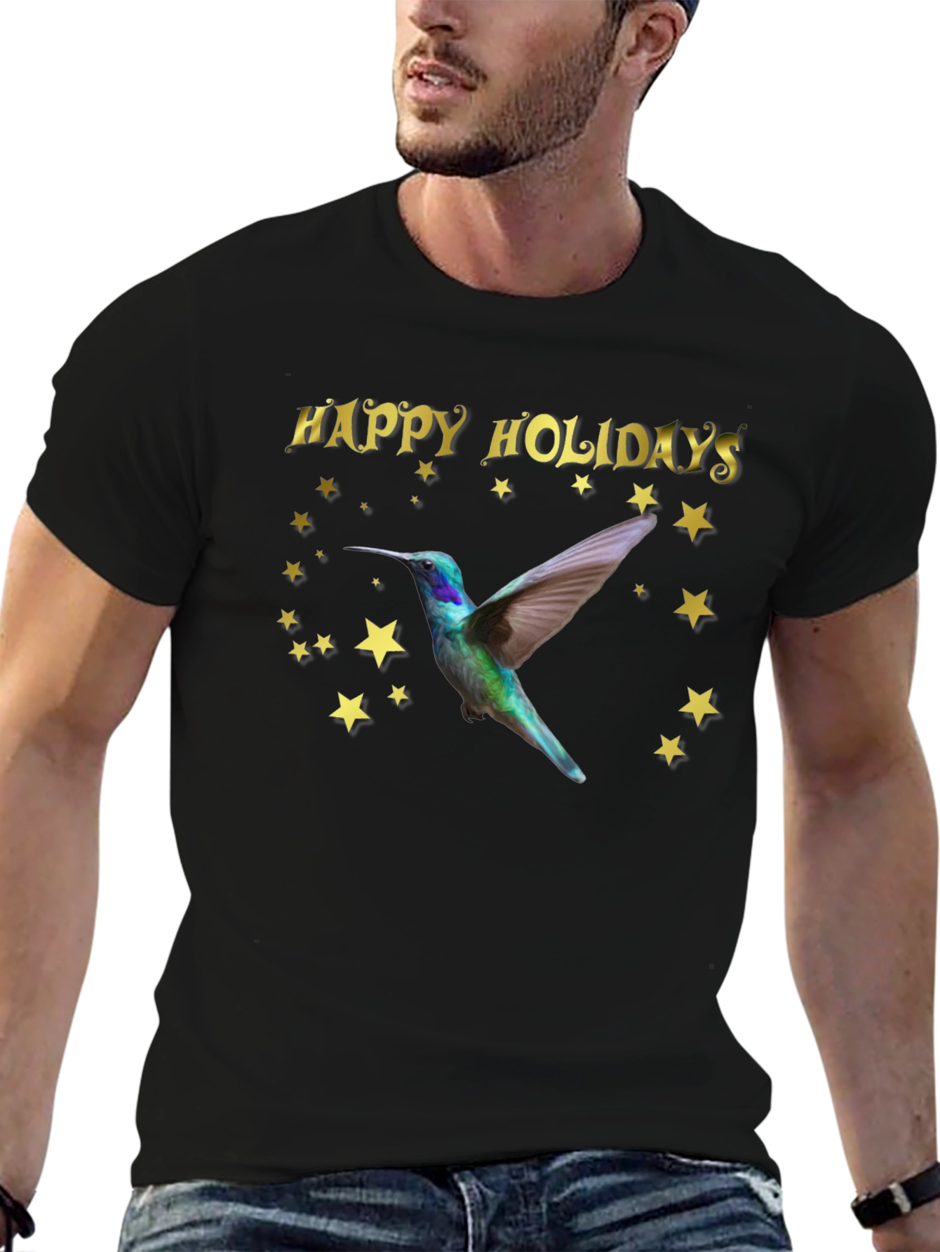 Black Happy Holidays Hummingbird Black T-Shirt view 6