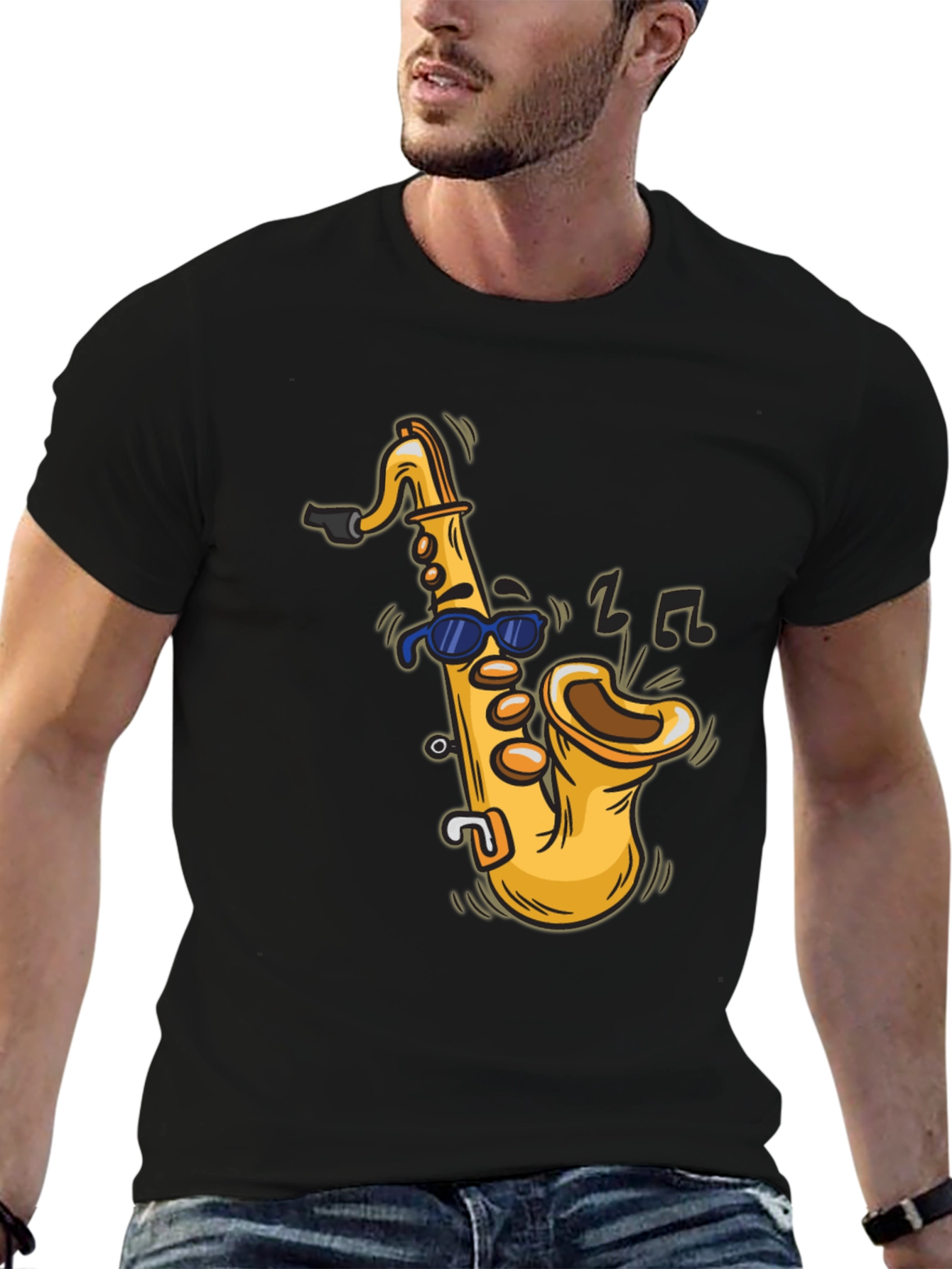 Black Cool Saxophone Cartoon Black T-Shirt view 6