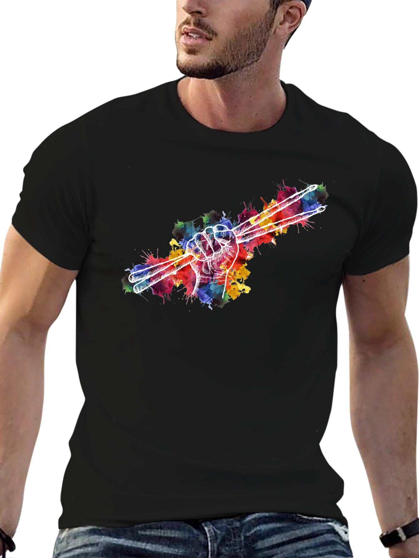 Black Drummer Hand Drumsticks Colorful T-Shirt view 6