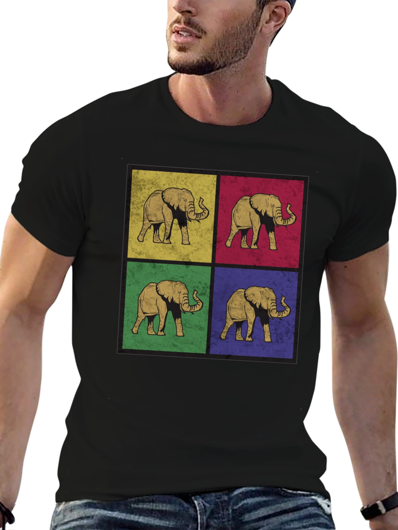 Black Retro Elephant Pop Art Print T-Shirt - Black view 6