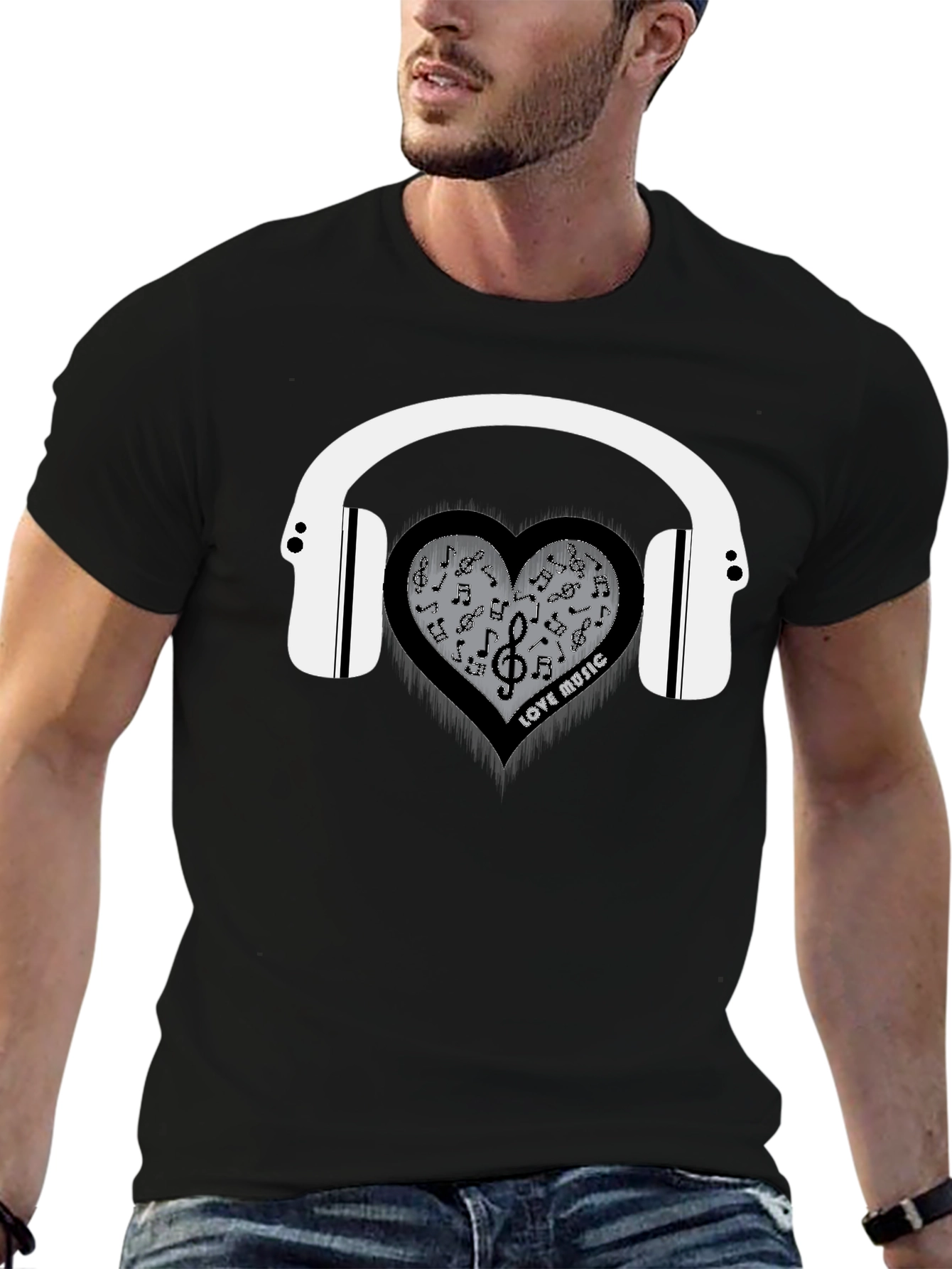 Black Love Music Heart Headphones Graphic T-Shirt view 6
