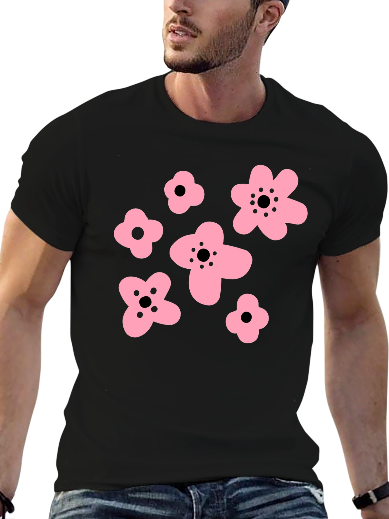 Black Pink Floral Graphic Black T-Shirt view 6