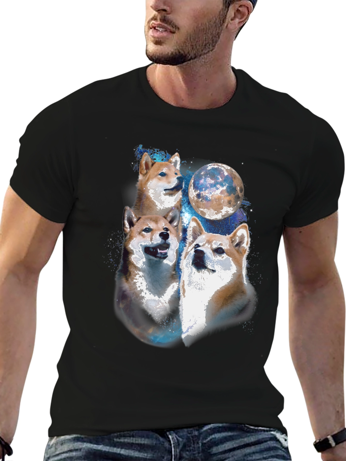 Black Shiba Inu Moon Black T-Shirt view 6