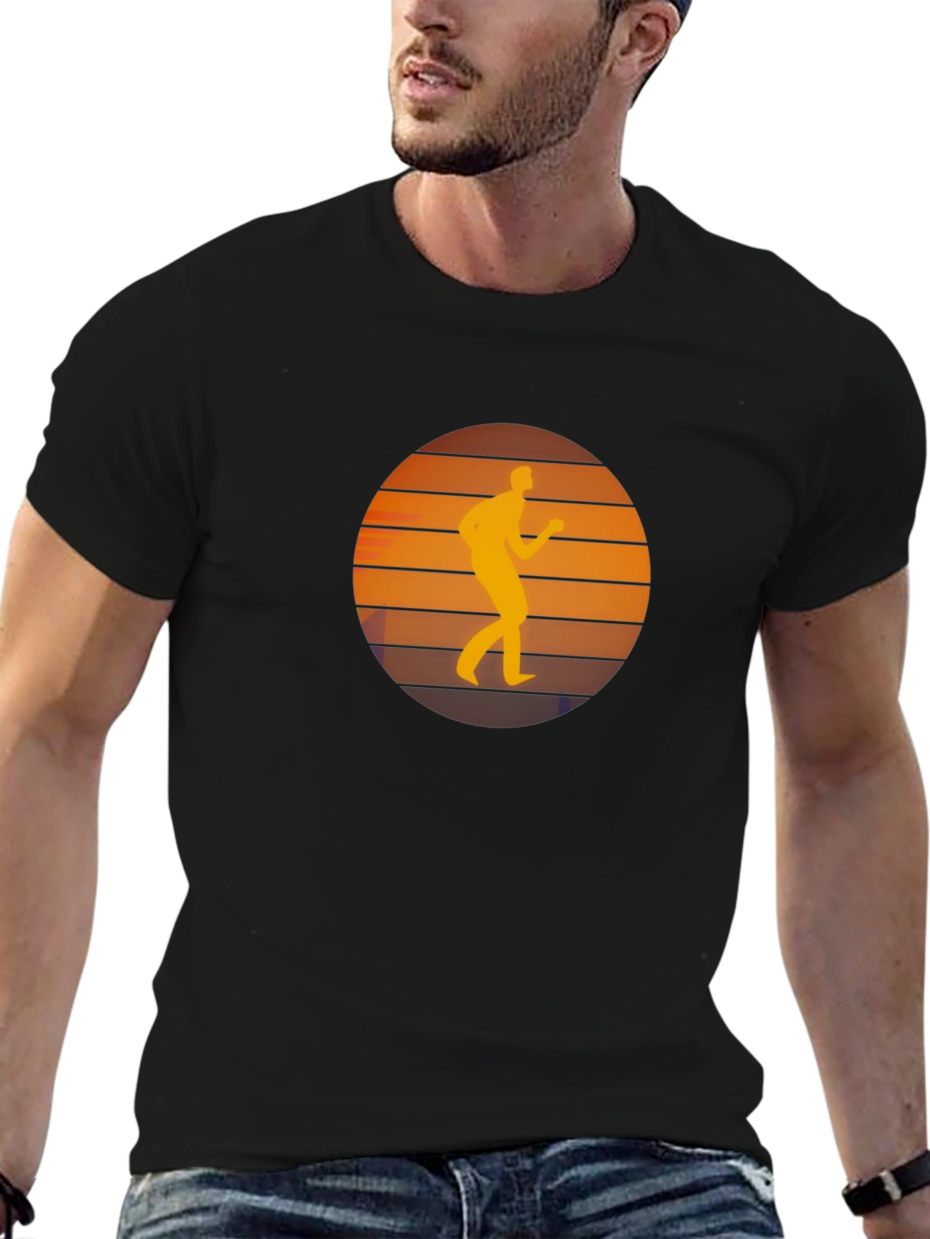 Black Retro Runner Sunset Graphic Black T-Shirt view 6