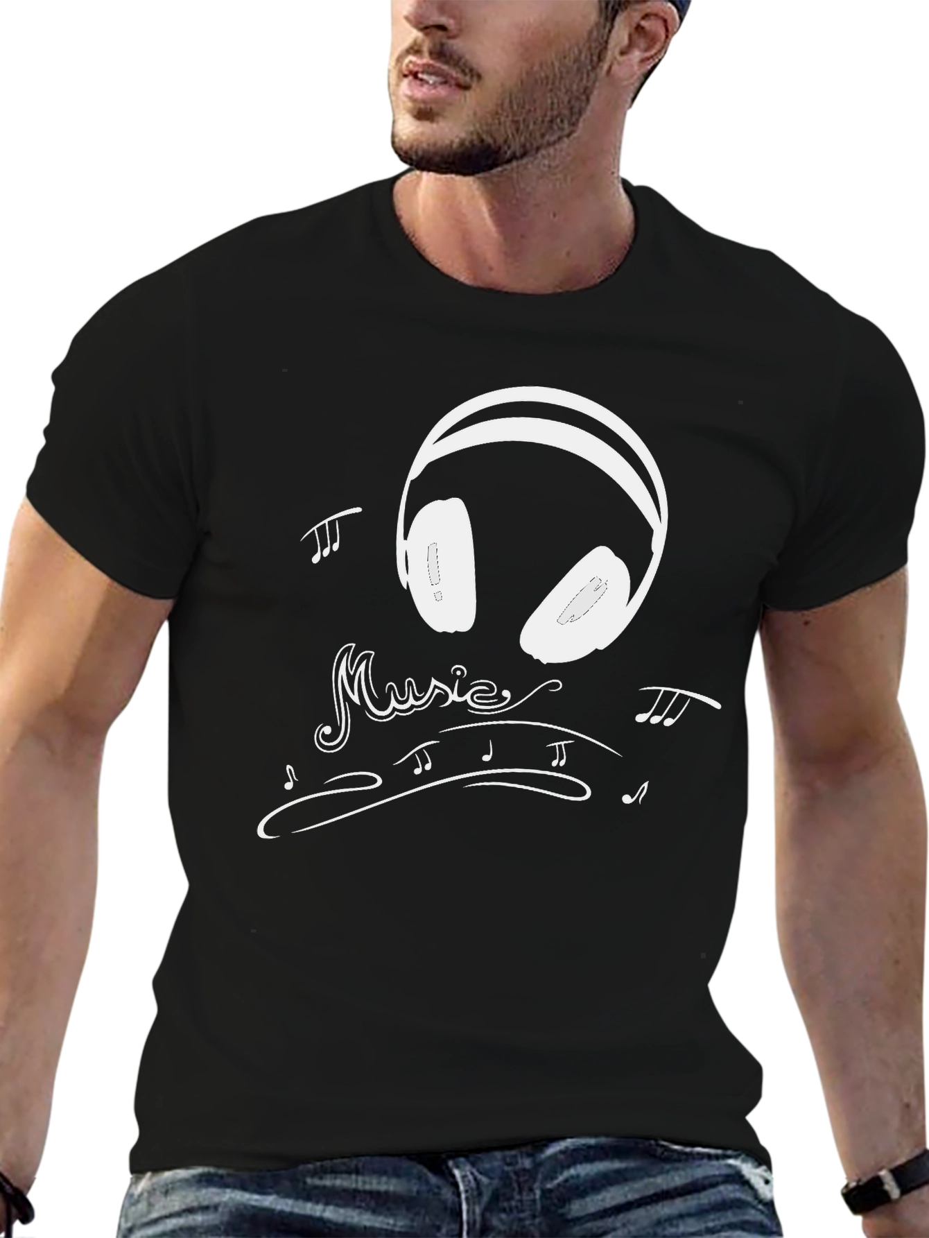 Black Music Lover's Black T-Shirt with Headphone Design view 6