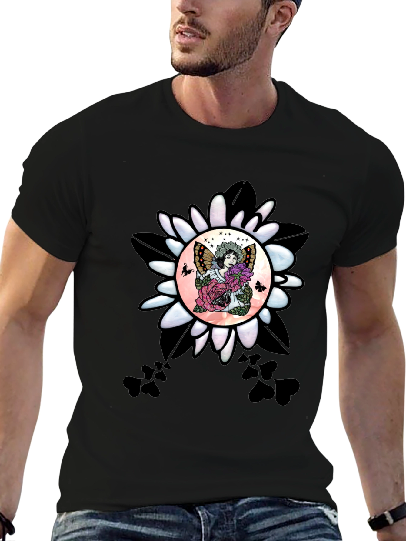 Black Floral Fairy Graphic T-Shirt - Unique Design view 6