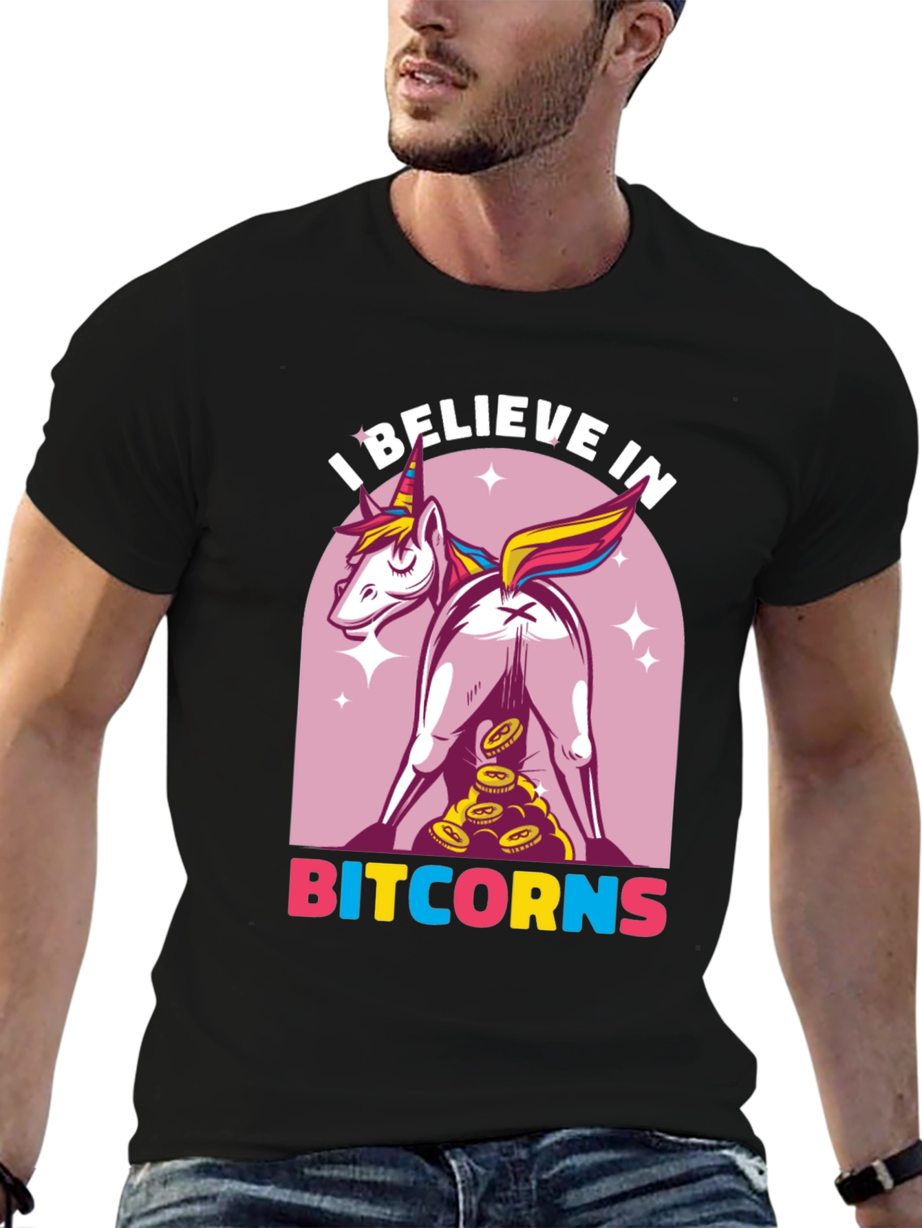Black Bitcoin Unicorn T-Shirt - Crypto Humor Tee view 6