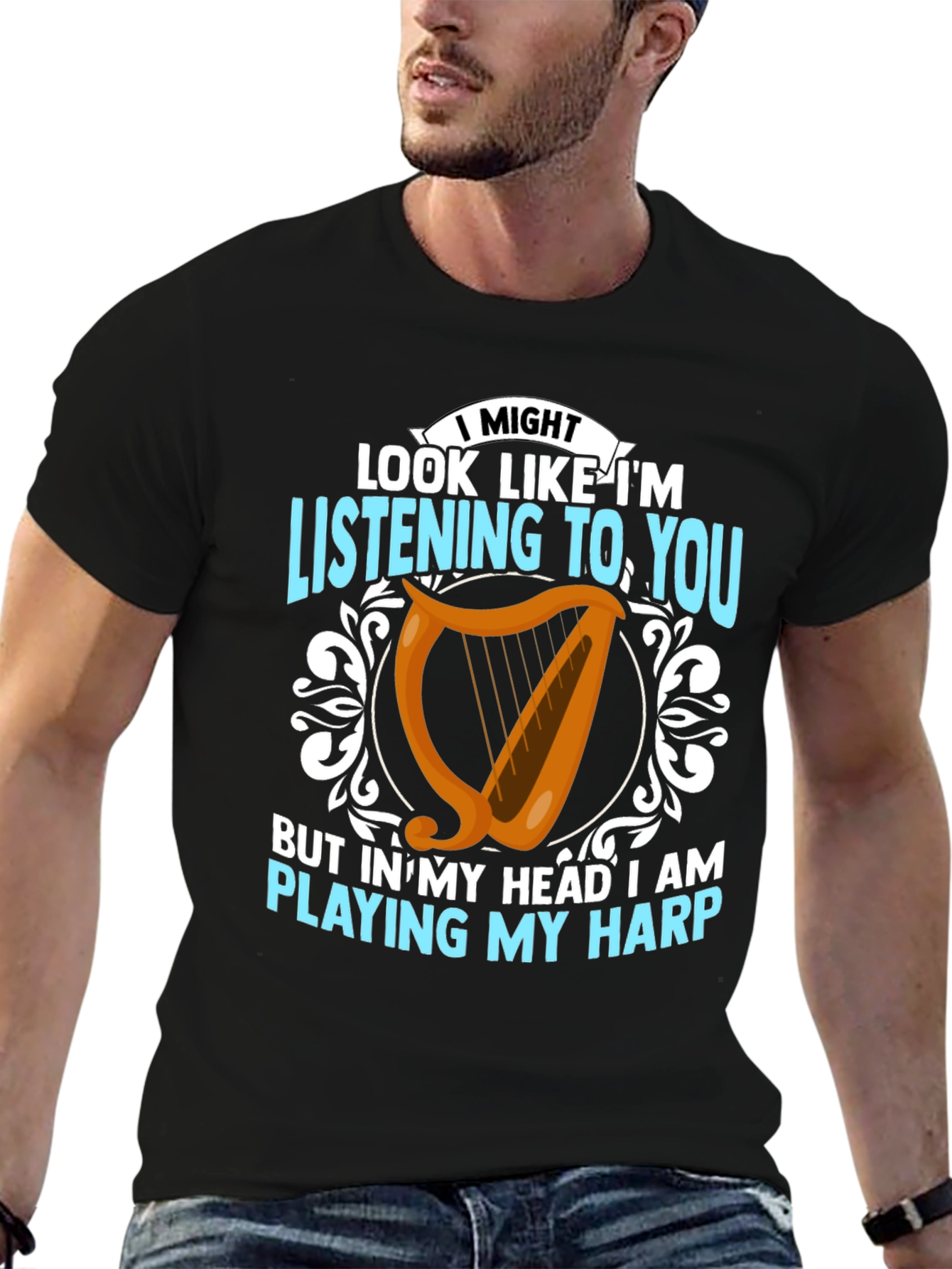 Black Harp Player T-Shirt - Musical Mind Black Tee view 6