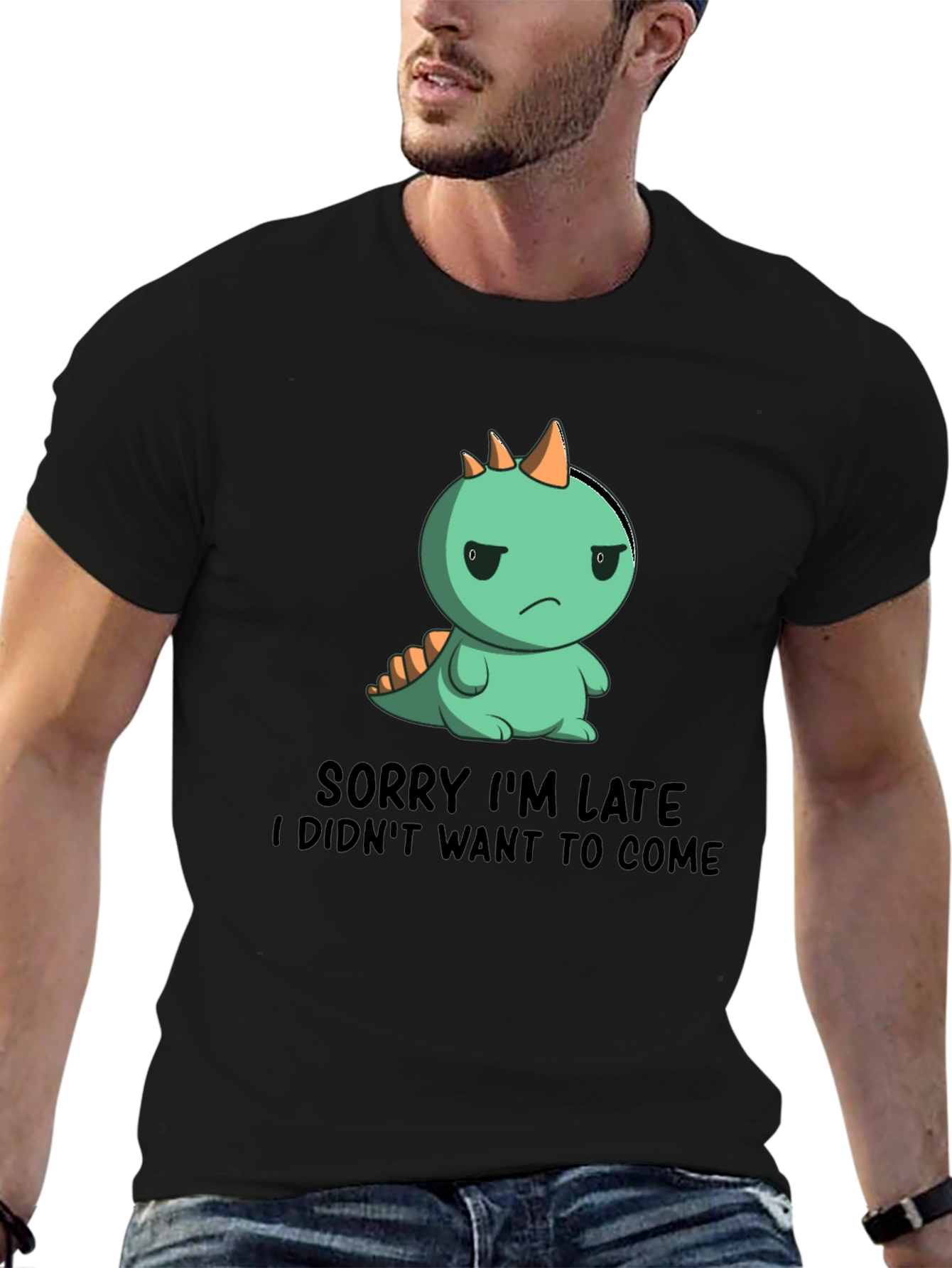 Black Funny Dinosaur Sorry I'm Late Graphic T-Shirt view 6