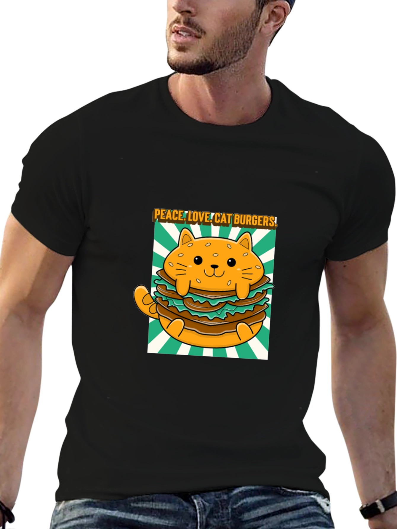 Black Peace Love Cat Burgers T-Shirt view 6
