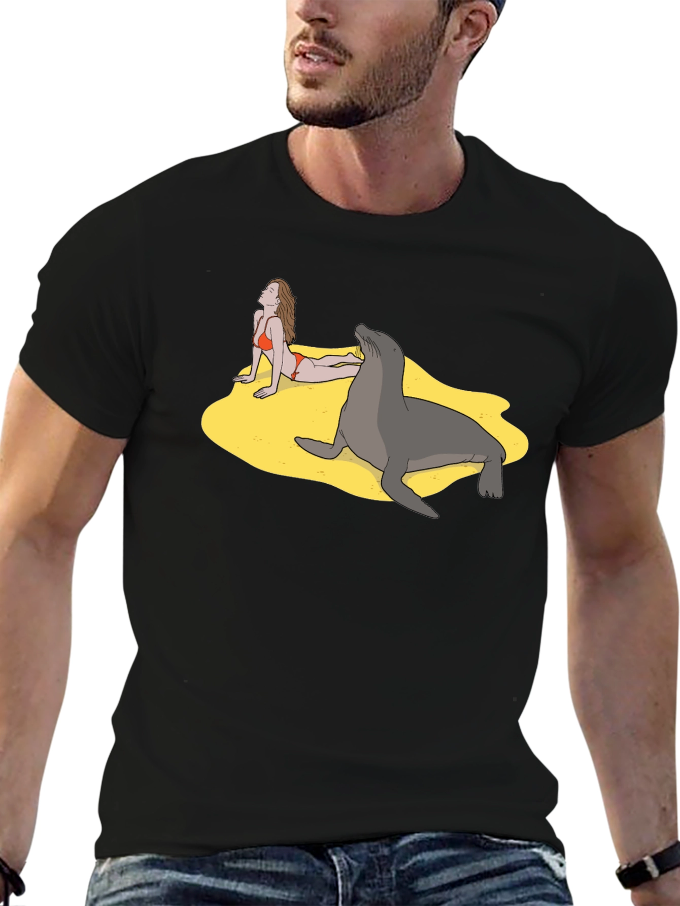 Black Funny Beach T-Shirt with Woman and Seal view 6