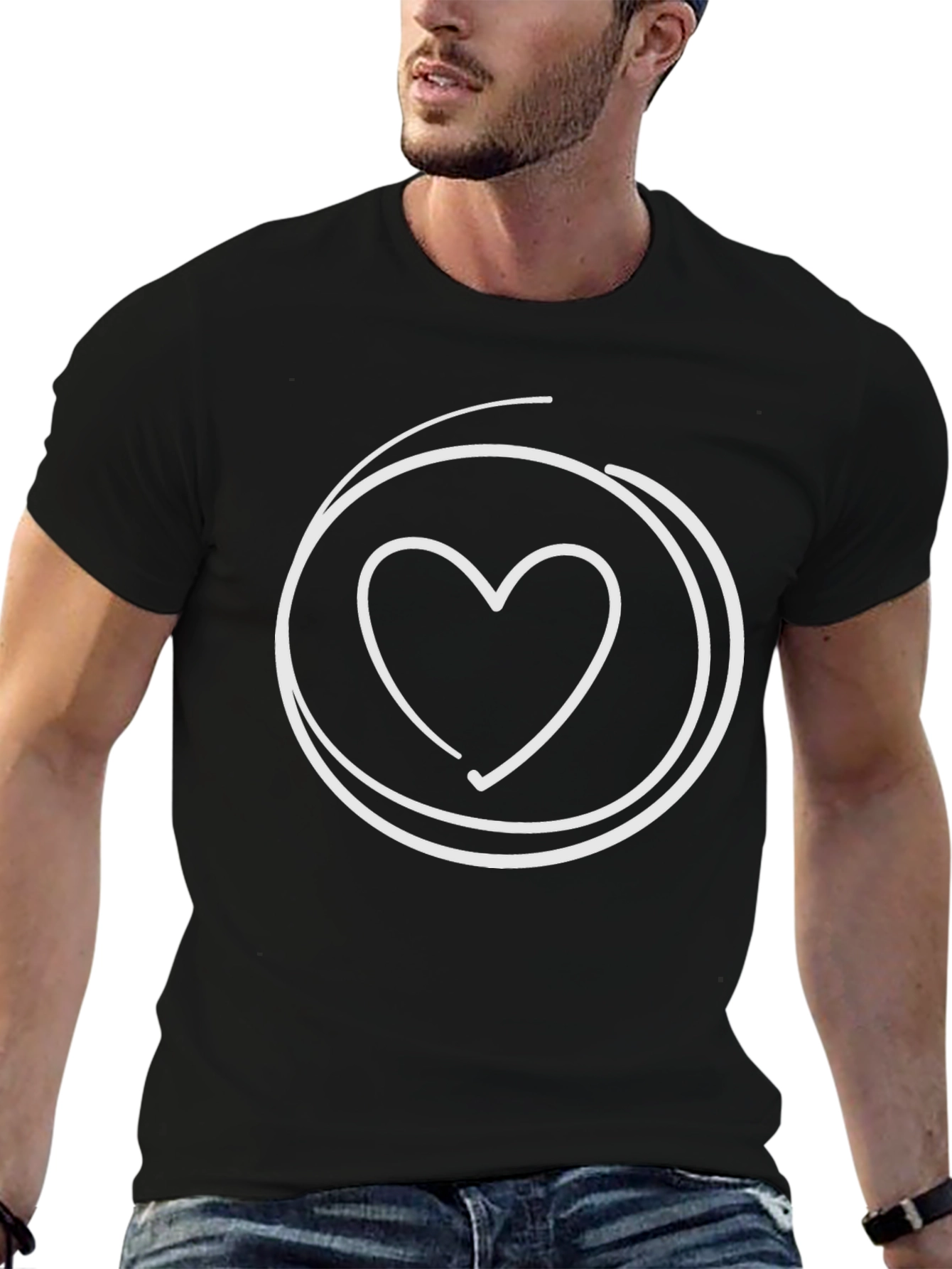 Black Heart Circle Graphic Tee - Casual Black Cotton T-Shirt view 6