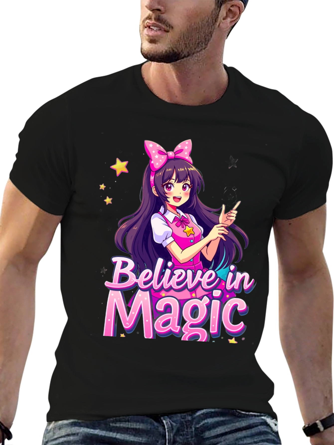 Black Believe in Magic Anime Girl Graphic T-Shirt view 6
