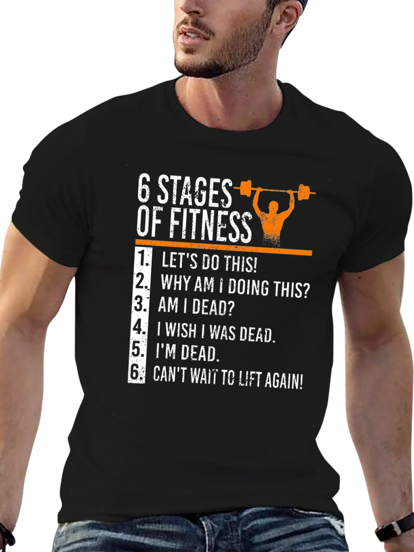 Black 6 Stages of Fitness Graphic T-Shirt - Funny Workout Tee view 6
